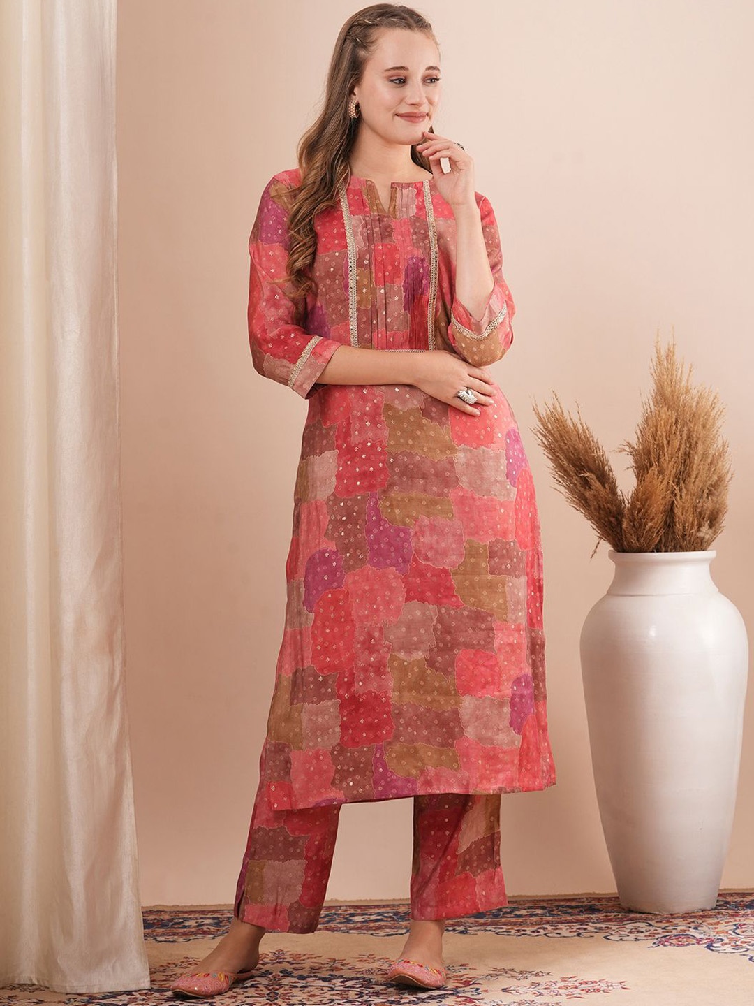 

FASHOR Printed Notch Neck Tunic With Trousers, Pink