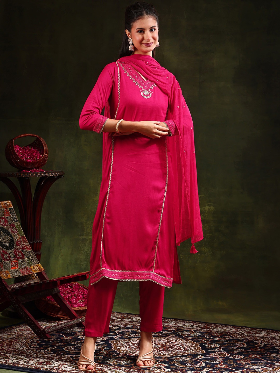 

KALINI Embroidered Sequinned Kurta with Trouser & Dupatta, Pink