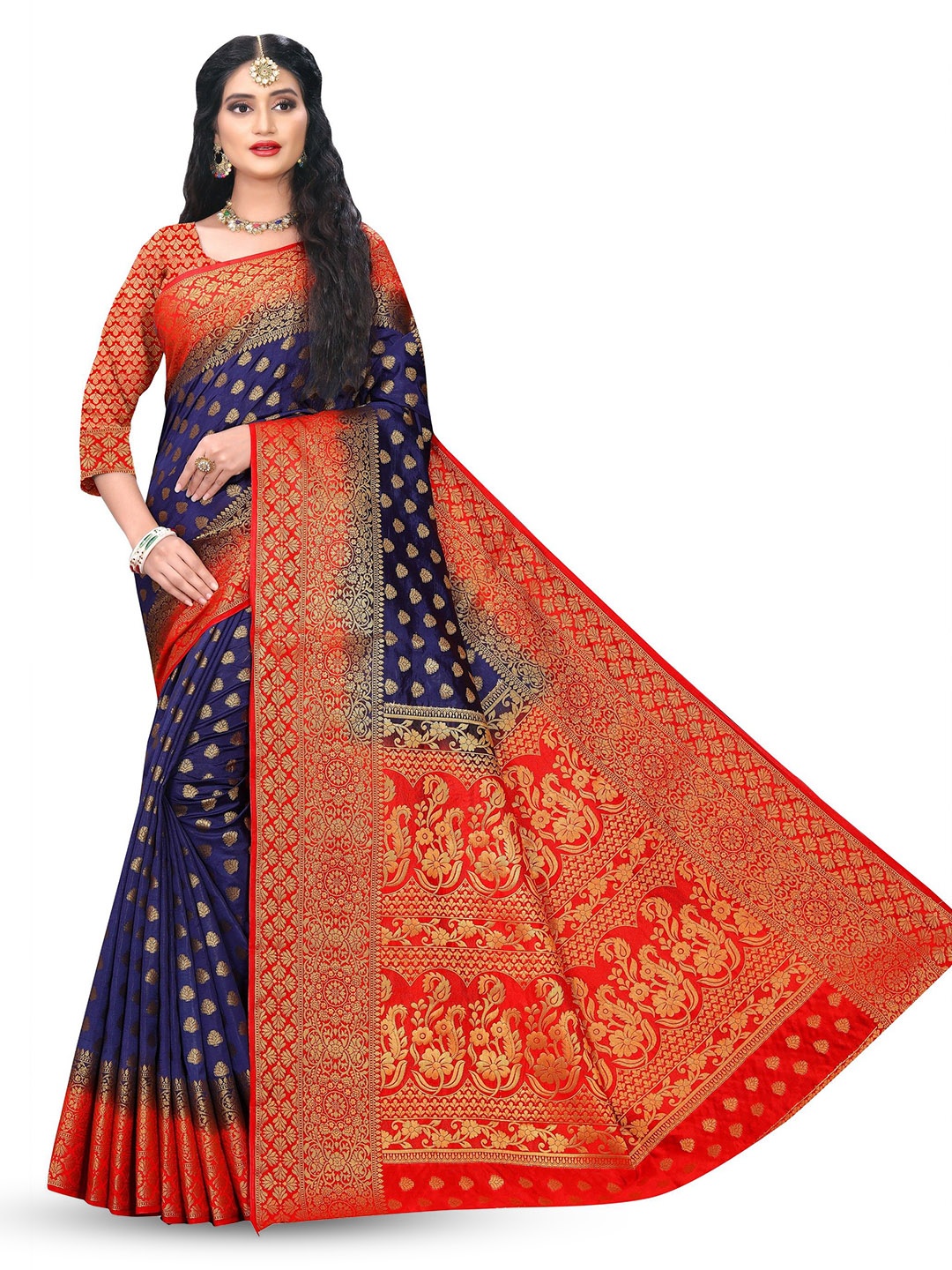 

ANISSA SAREE Ethnic Motifs Woven Design Zari Designer Banarasi Saree, Navy blue