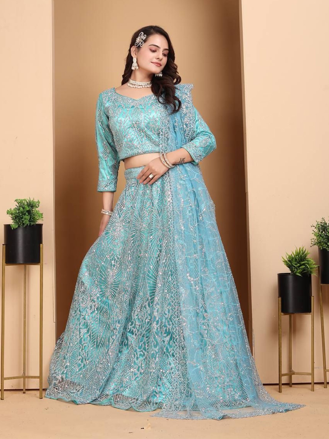 

MISS CLOTHING Embellished Sequinned Ready to Wear Lehenga & Unstitched Blouse With Dupatta, Sea green