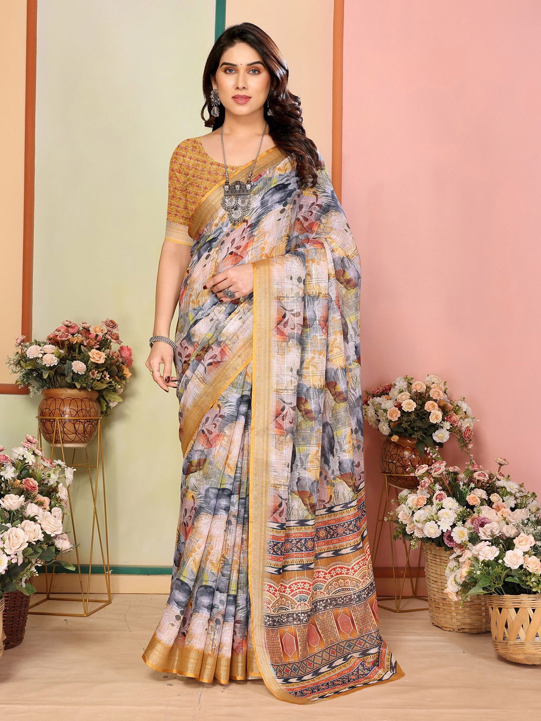 

Sidhidata Floral Printed Fusion Traditional Chanderi Saree, Yellow