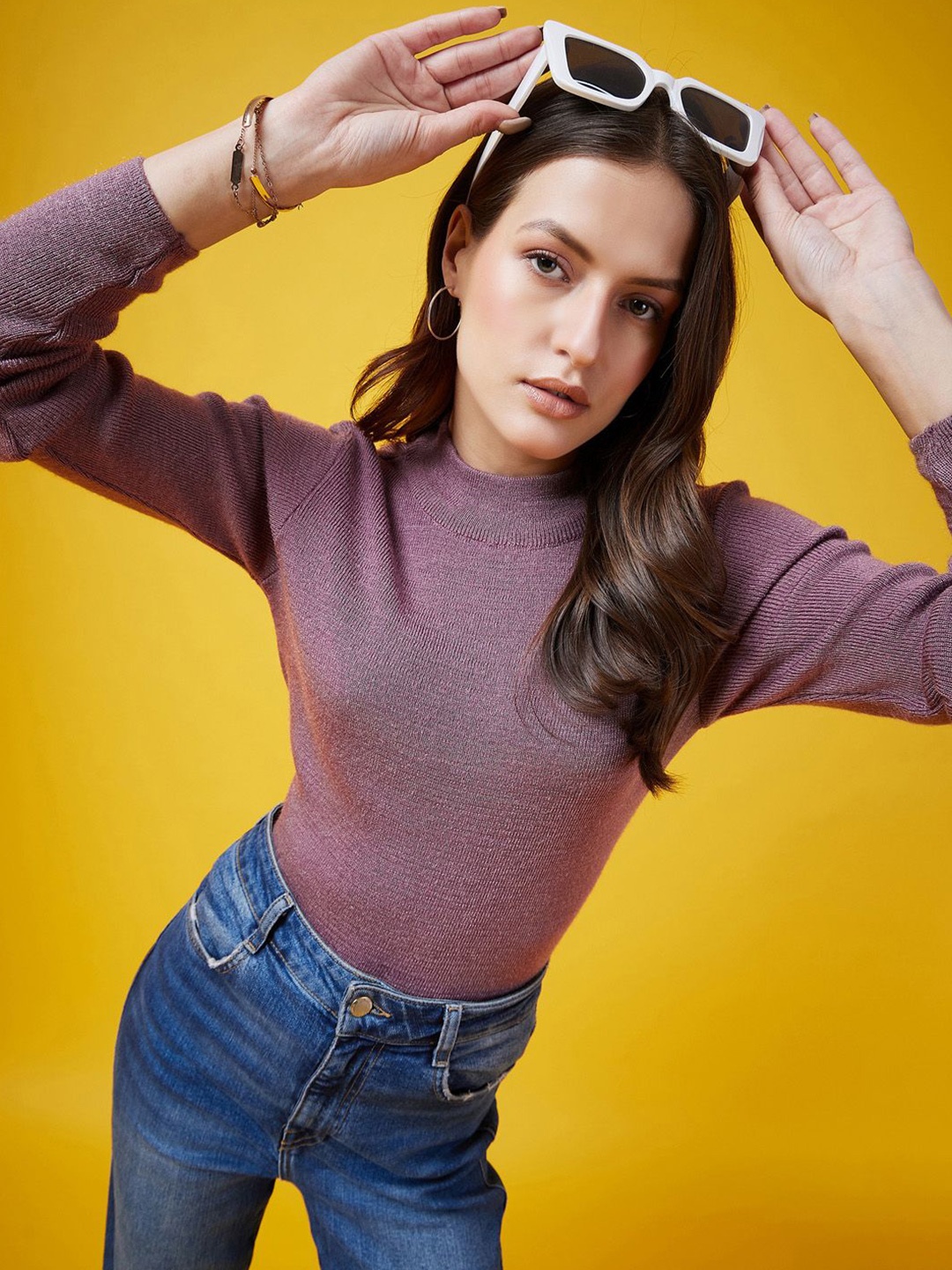 

CLAPTON Women Woollen Long Sleeves Round Neck Pullover Sweater, Lavender