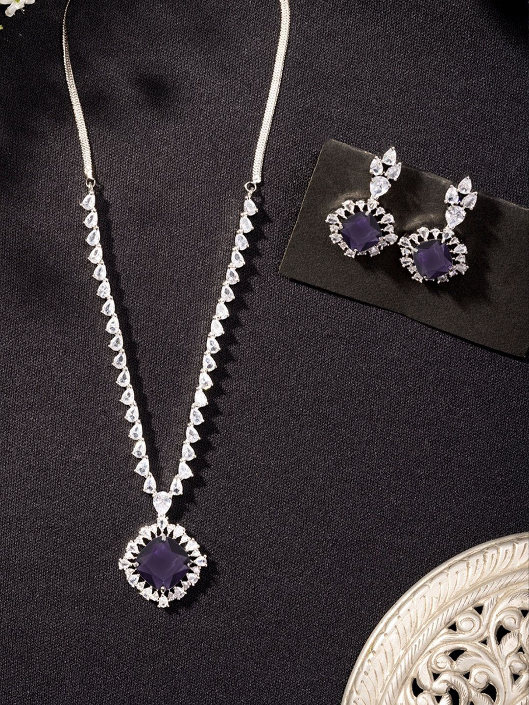 

Niscka Rhodium-Plated AD Stone-Studded Jewellery Set, Silver