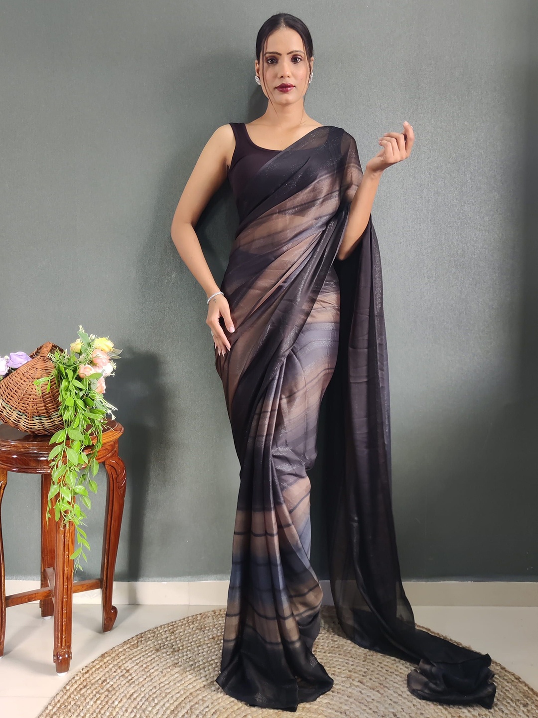 

V3 FASHION STUDIO Pure Crepe Ready to Wear Jamdani Saree, Brown