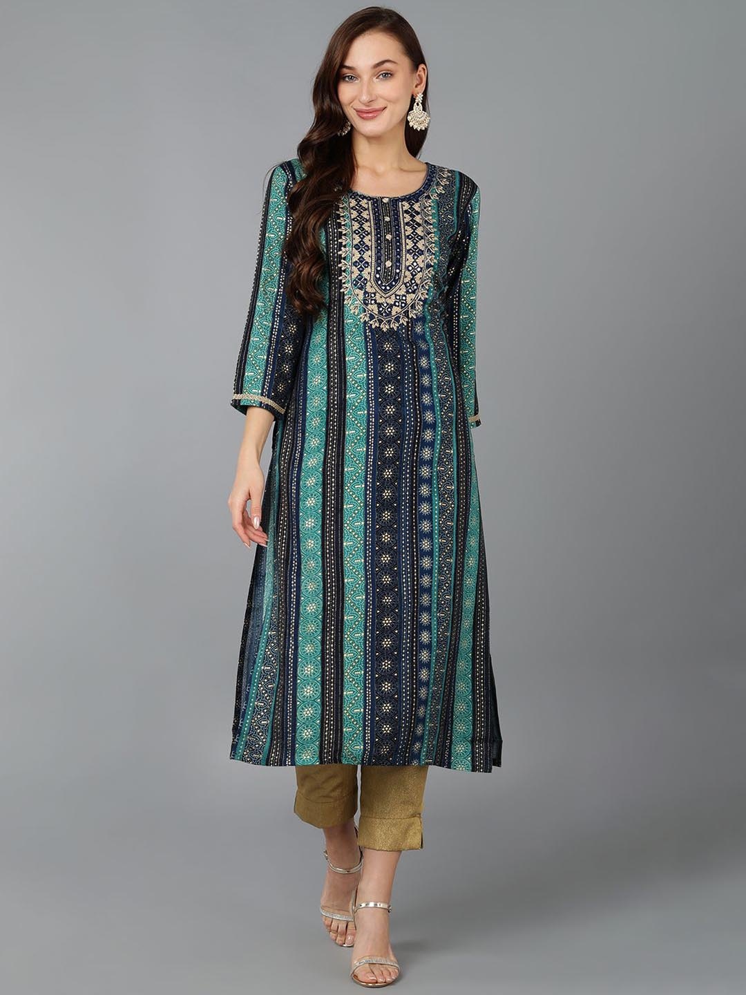 

KALINI Ethnic Motifs Printed Pure Cotton Straight Kurta, Navy blue