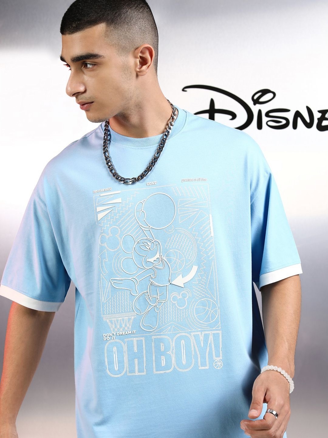 

HIGHLANDER Men Graphic Printed Round Neck Cotton Oversized Mickey Mouse Tshirt, Blue