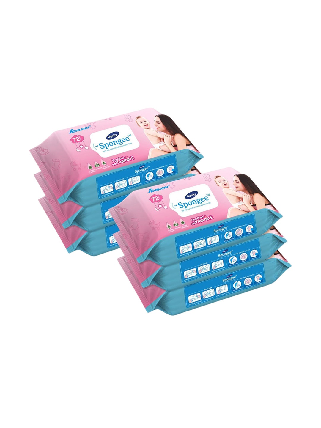 

Romsons Dignity Spongee Set Of 6 Baby Wet Wipes With Aloe Vera - 72 Each, Multi