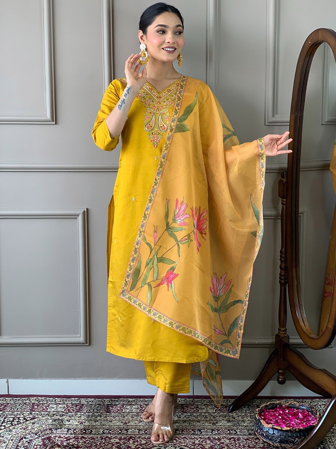

KALINI Floral Embroidered Thread Work Chanderi Silk Kurta with Trouser & Dupatta, Mustard