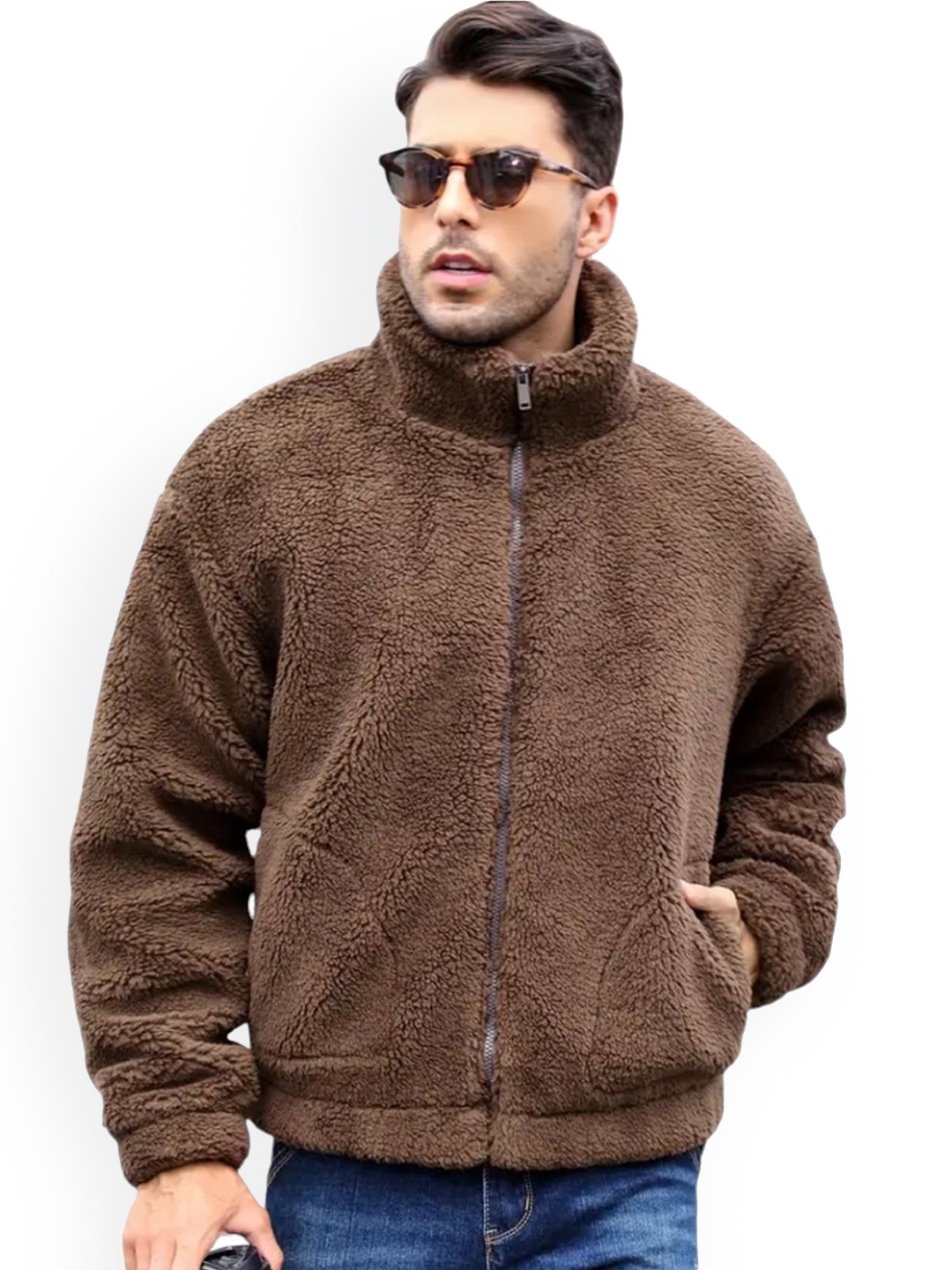 

Be Savage Men Mock Collar Self Design Woollen Casual Tailored Jacket, Coffee brown