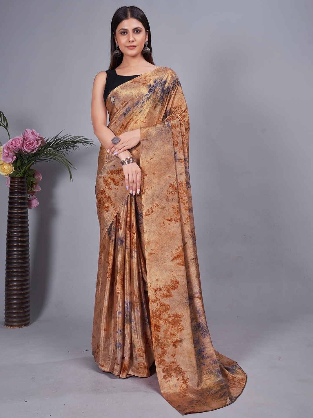 

V3 FASHION STUDIO Pure Chiffon Ready to Wear Saree, Brown