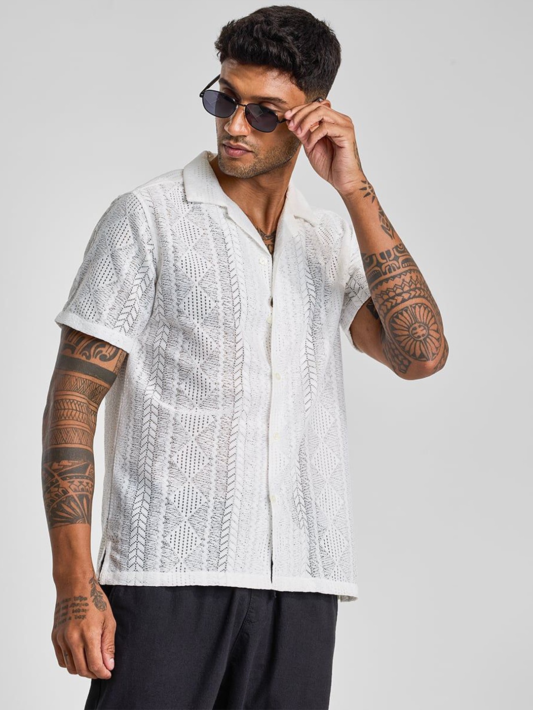 

Snitch Men Smart Cuban Collar Textured Casual Shirt, White