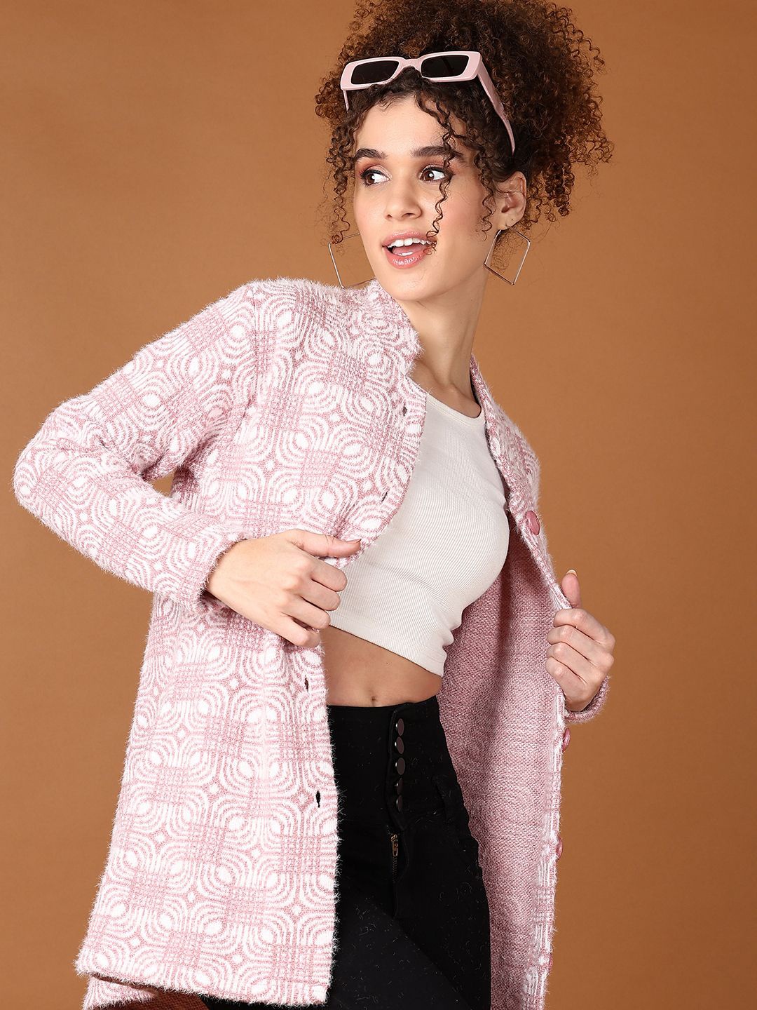 

V-Mart Women Self Design Geometric Mock Collar Cardigan, Pink