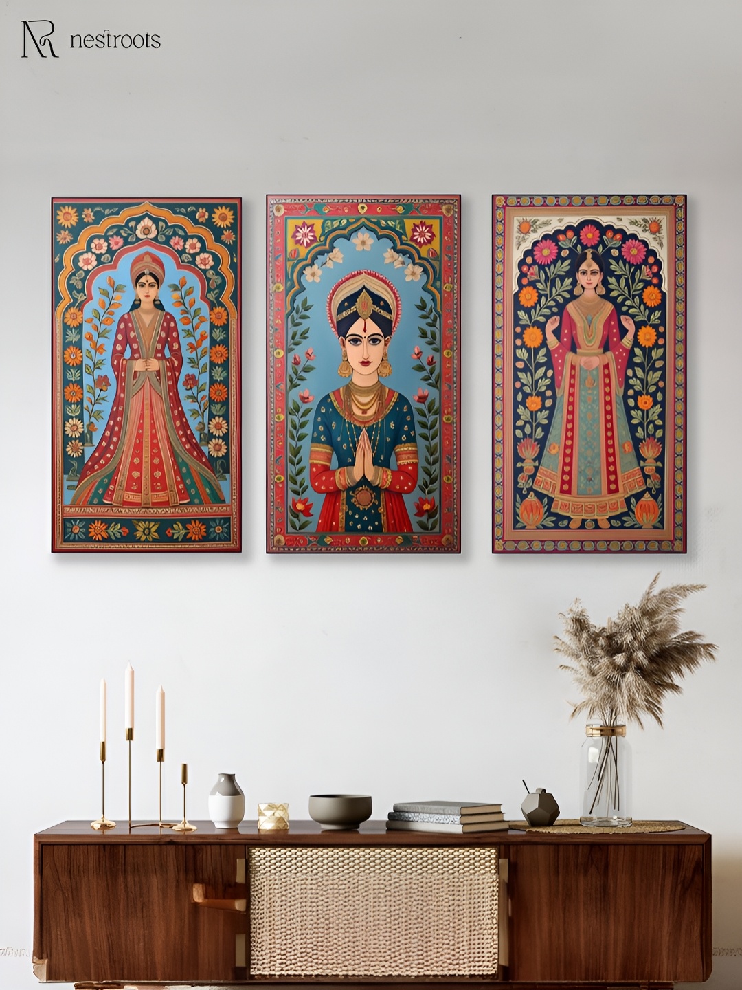 

nestroots Elegant Indian Red & Blue 3 Pieces Canvas Painting Wall Art