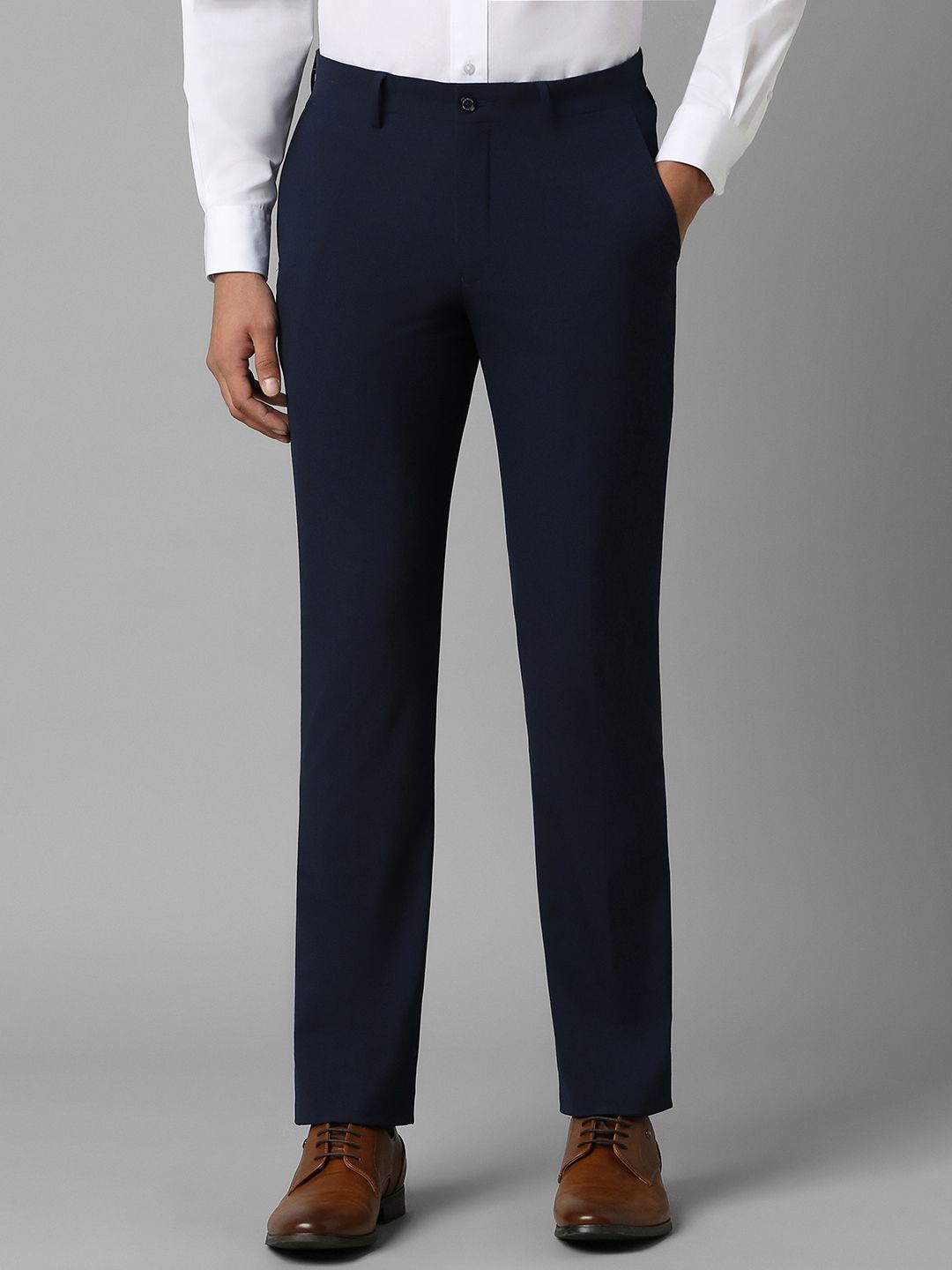 

Louis Philippe Men Slim Fit Solid Flat Front Formal Trousers, Navy blue