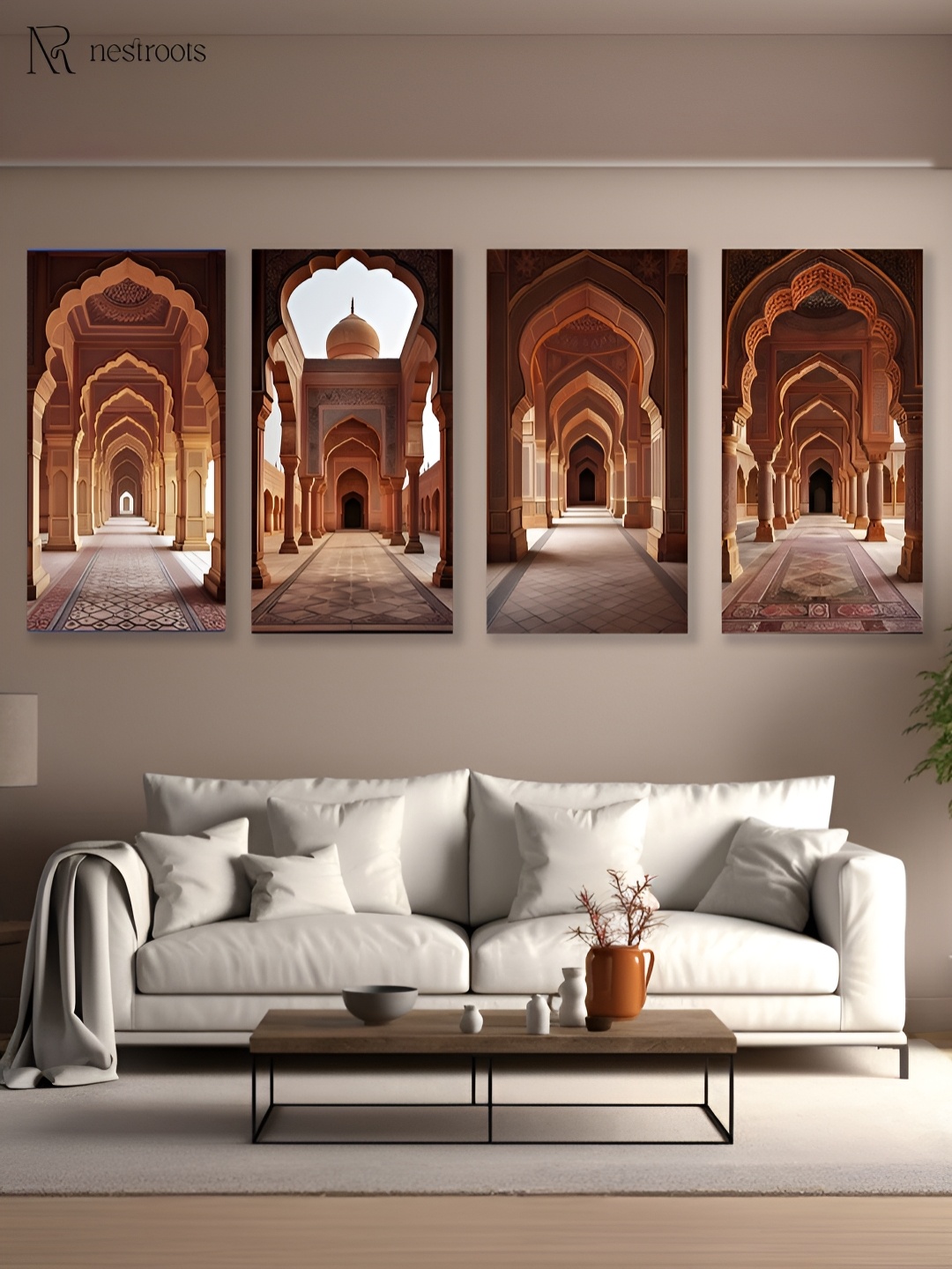 

nestroots Brown 4 Pieces Ornate Arched Hall Printed Canvas Wall Art