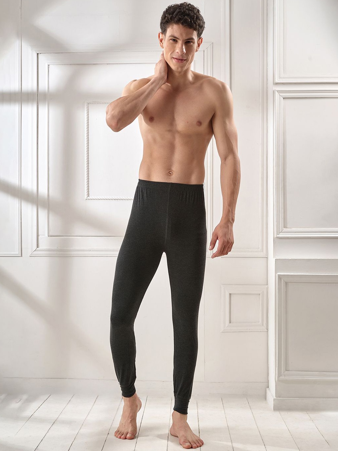 

INFERNO Men Ribbed Mid-Rise Thermal Cotton Bottoms, Black