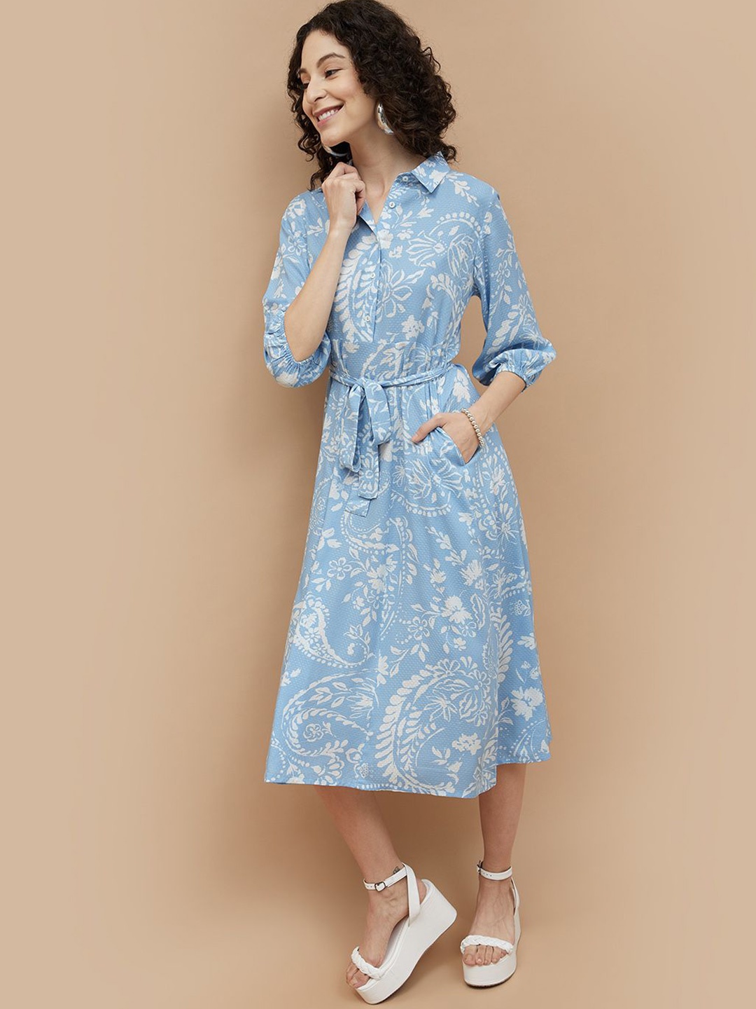 

Colour Me by Melange Women Floral Printed Cotton Shirt Dress, Blue