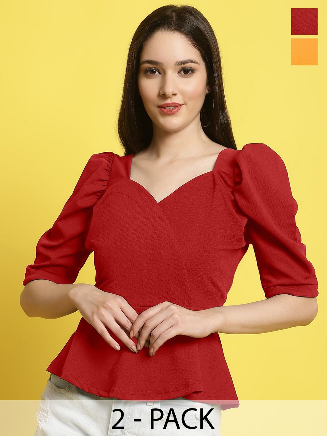 

Metronaut Women Pack Of 2 Sweetheart Neck Crop Top, Red
