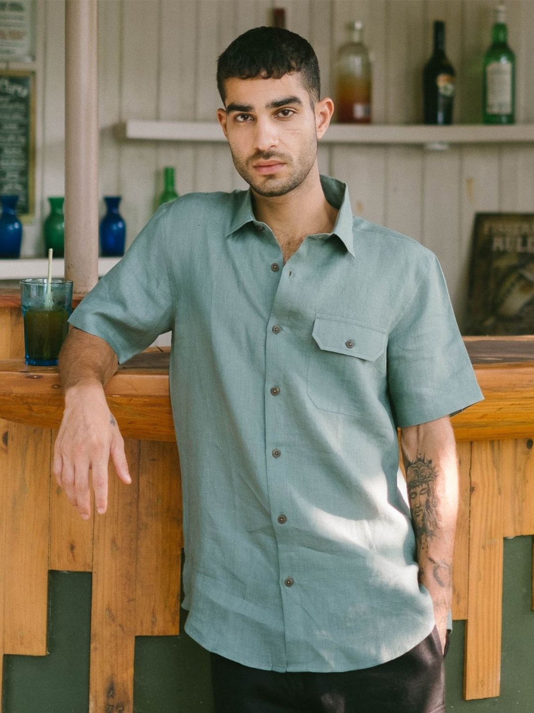 

Creatures of Habit Linen Short Sleeves Shirt, Green