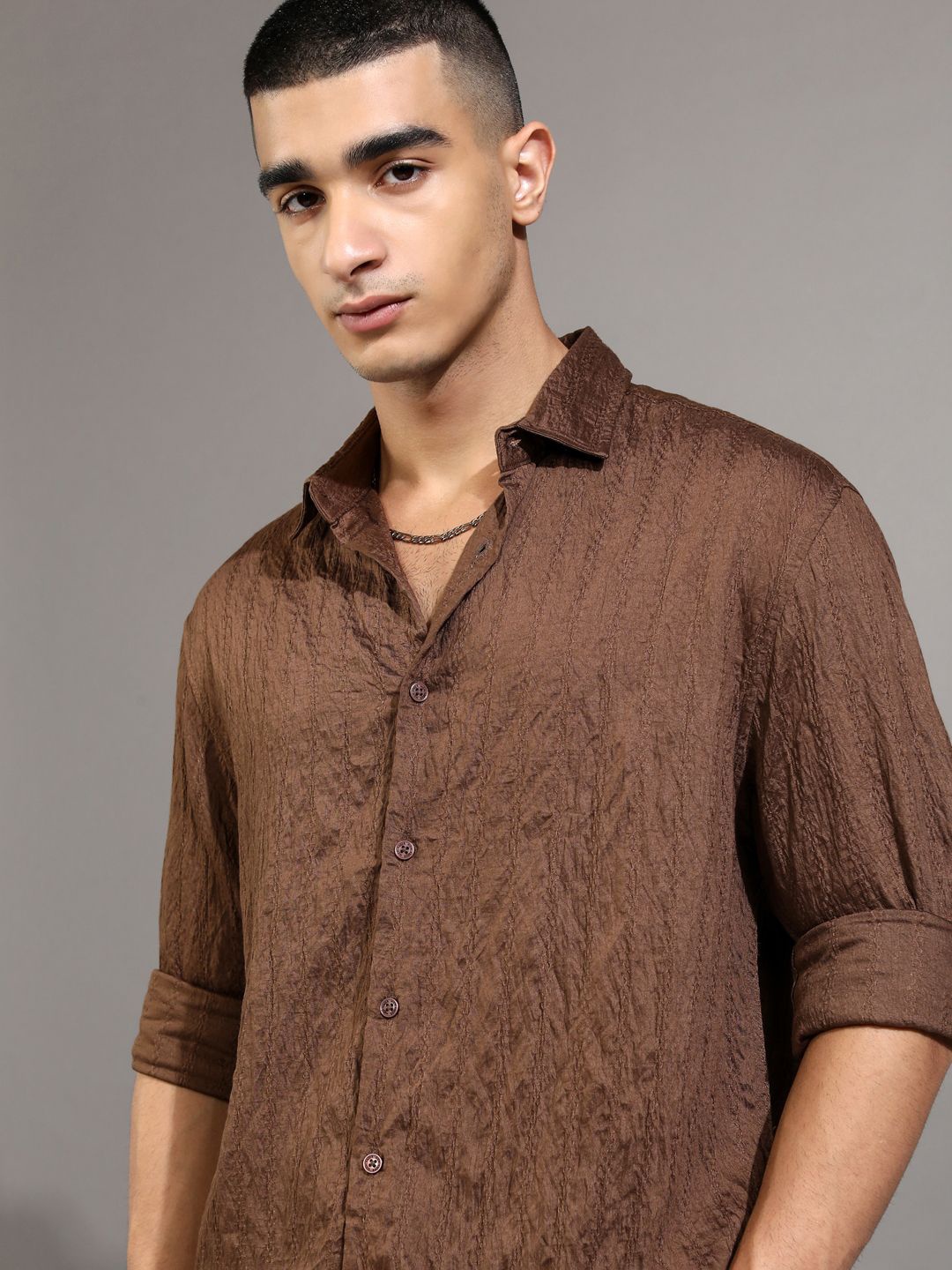 

Highlander Men Jacquard Textured Solid Relaxed Shirt, Brown