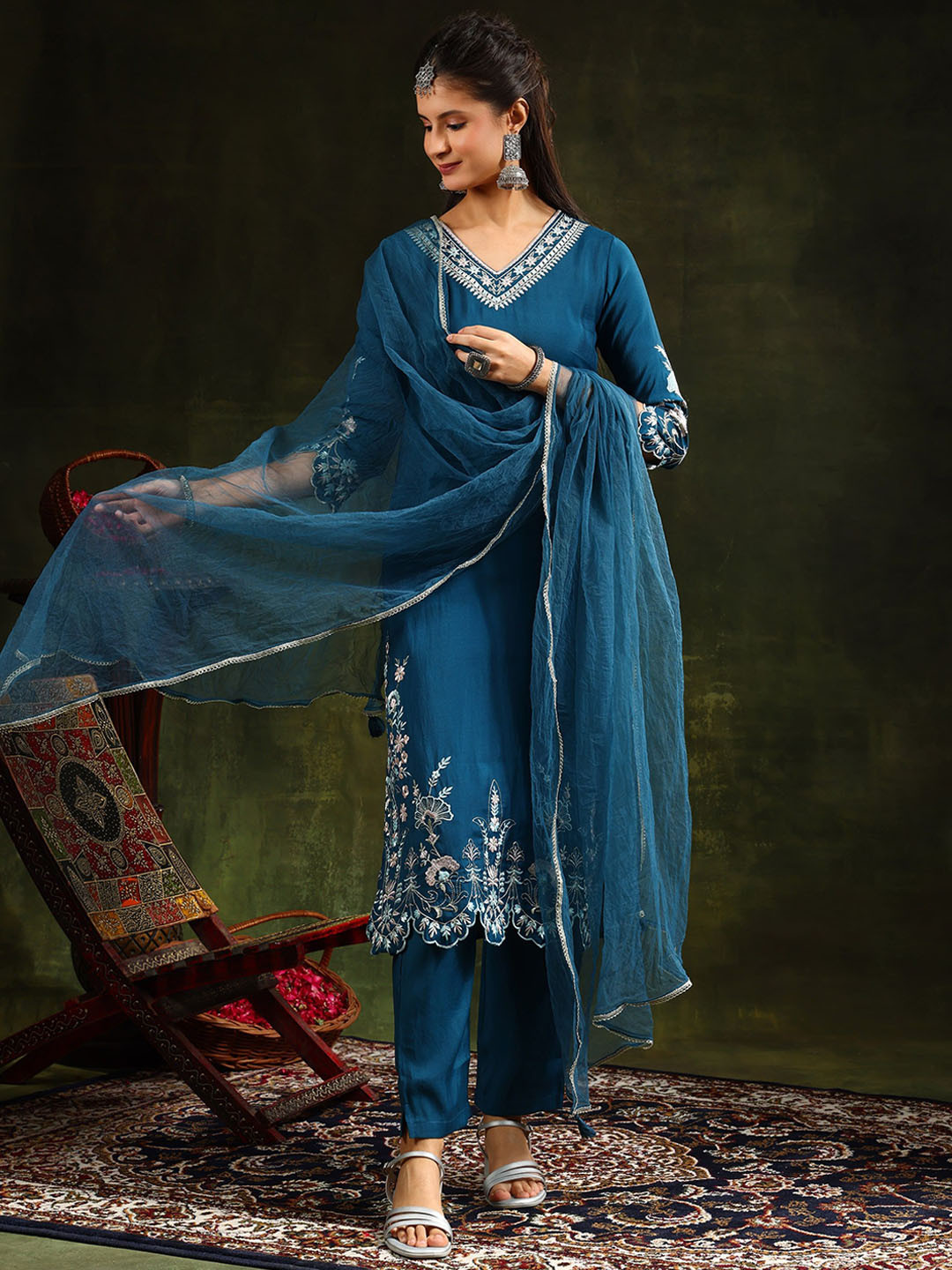 

KALINI Floral Embroidered Thread Work Chanderi Cotton Kurta with Trouser & Dupatta, Blue