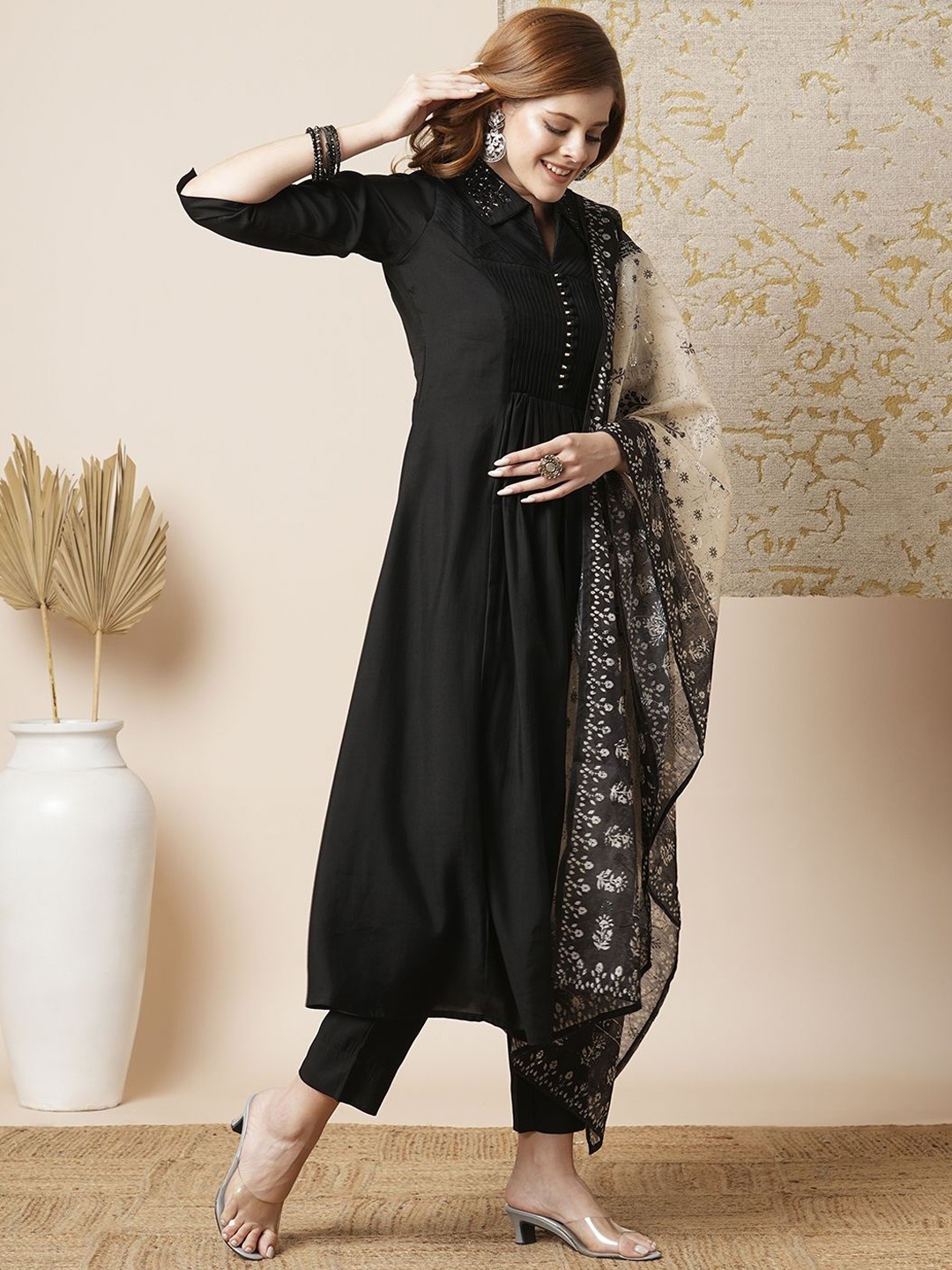 

FASHOR A-Line Beads and Stones Kurta with Trousers & Dupatta, Black