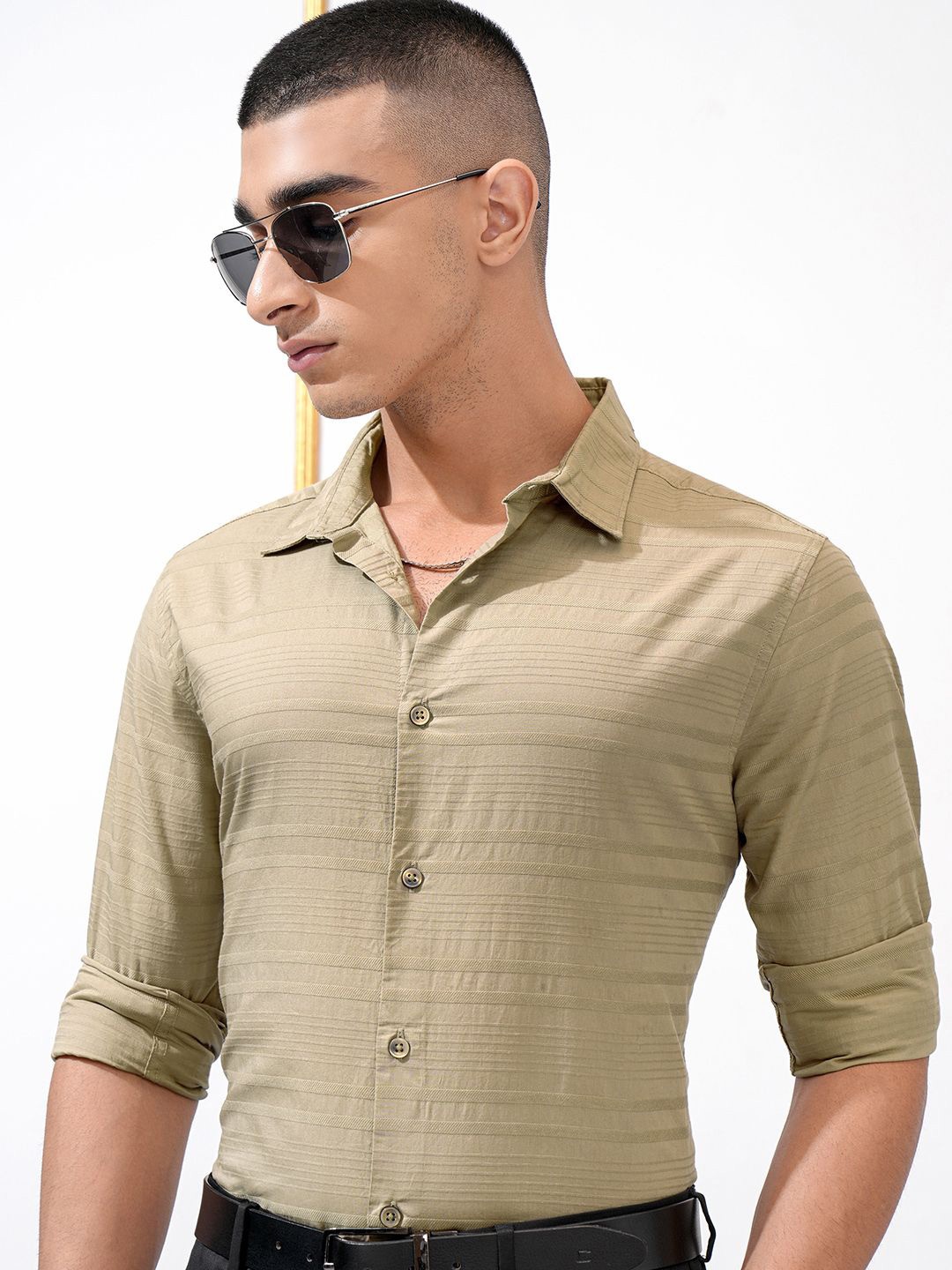 

Highlander Men Dobby Textured Striped Regular Fit Casual Shirt, Khaki