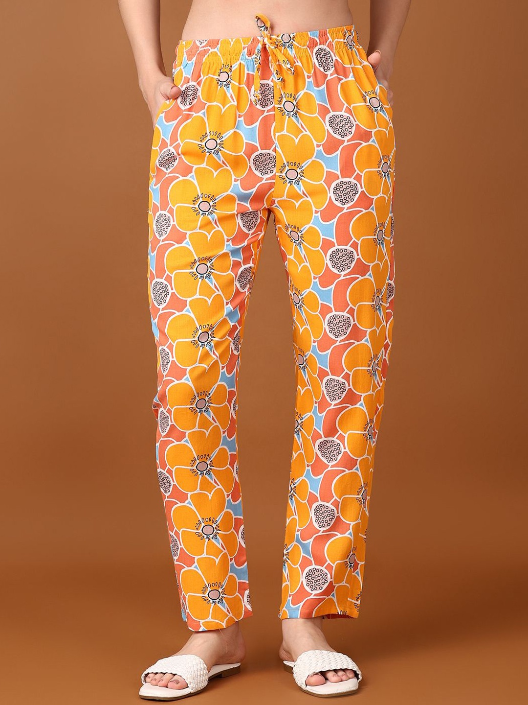 

V-Mart Women Floral Printed Mid-Rise Trousers, Orange