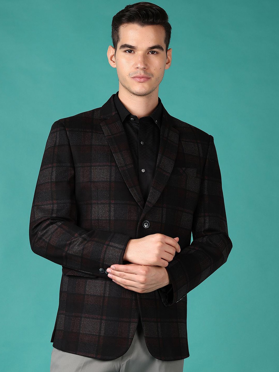 

V-Mart Checked Notched Lapel Collar Single-Breasted Blazer, Maroon