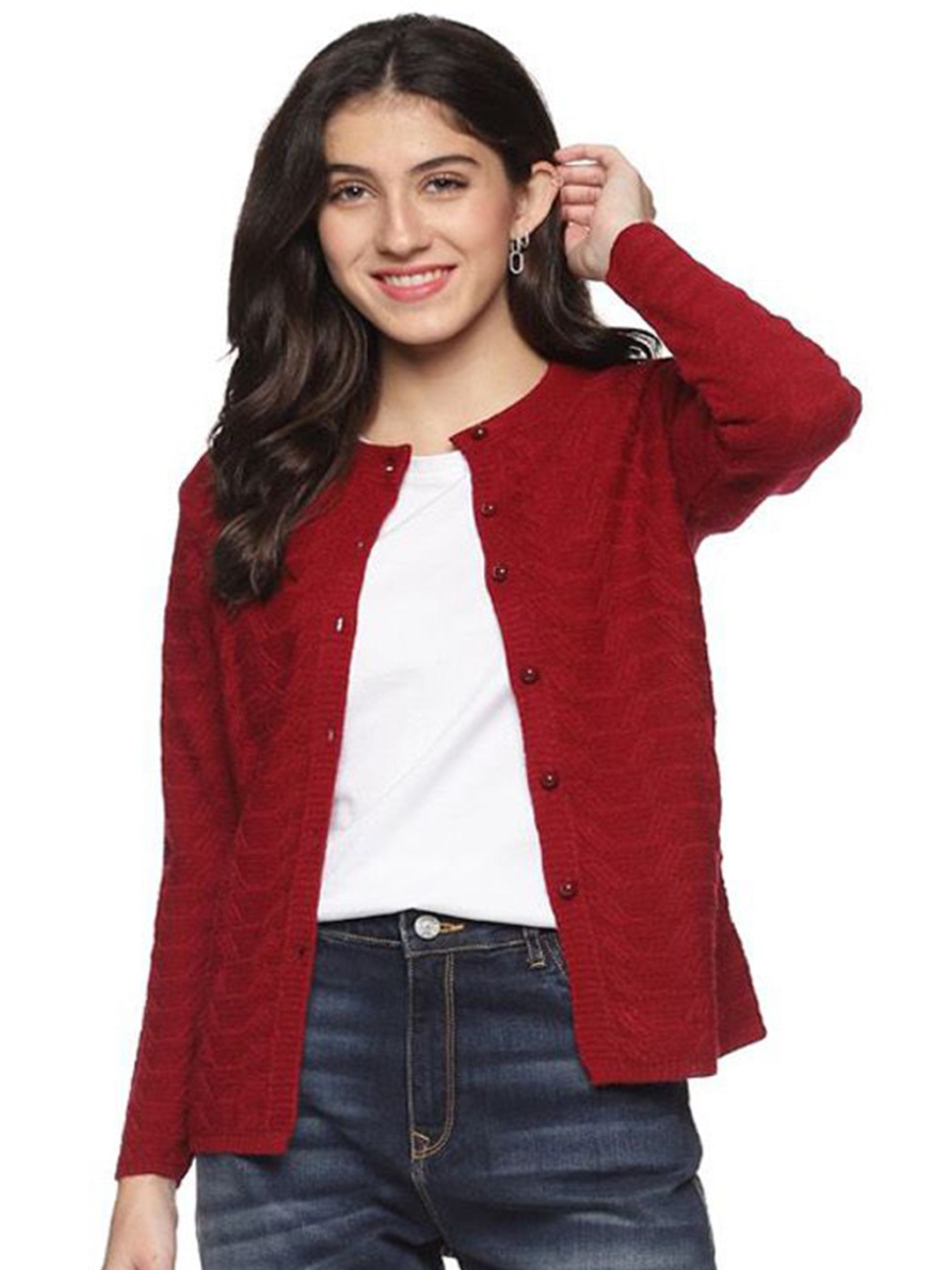 

CLAPTON Women Self Design Woollen Cardigan, Maroon