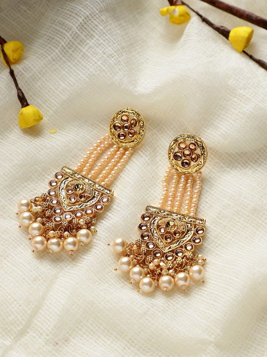 

CARDINAL Artificial Beads Studded Contemporary Drop Earrings, Gold