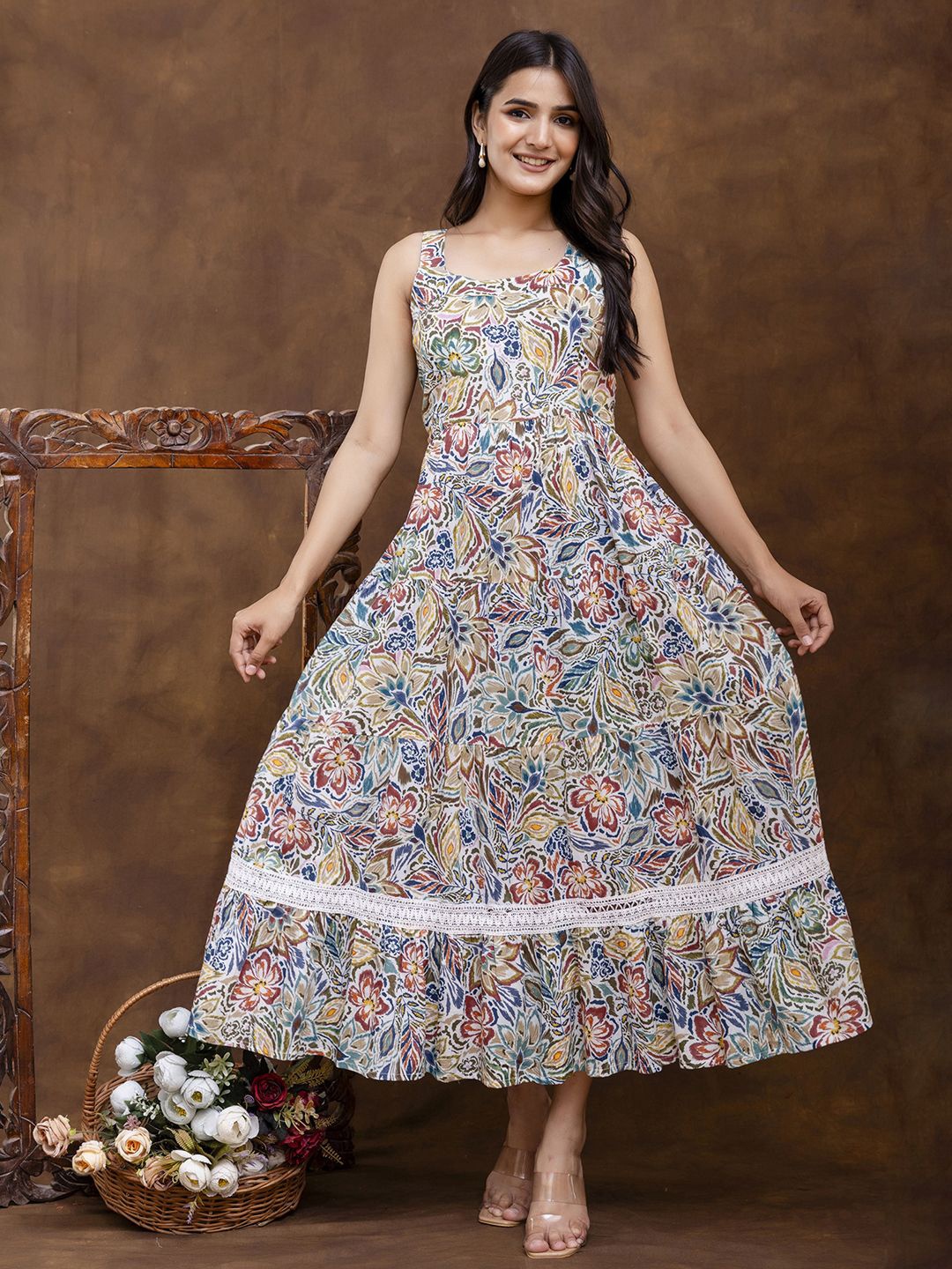 

FERANOID Women Floral Printed Gathered or Pleated A-Line Maxi Dress, Blue