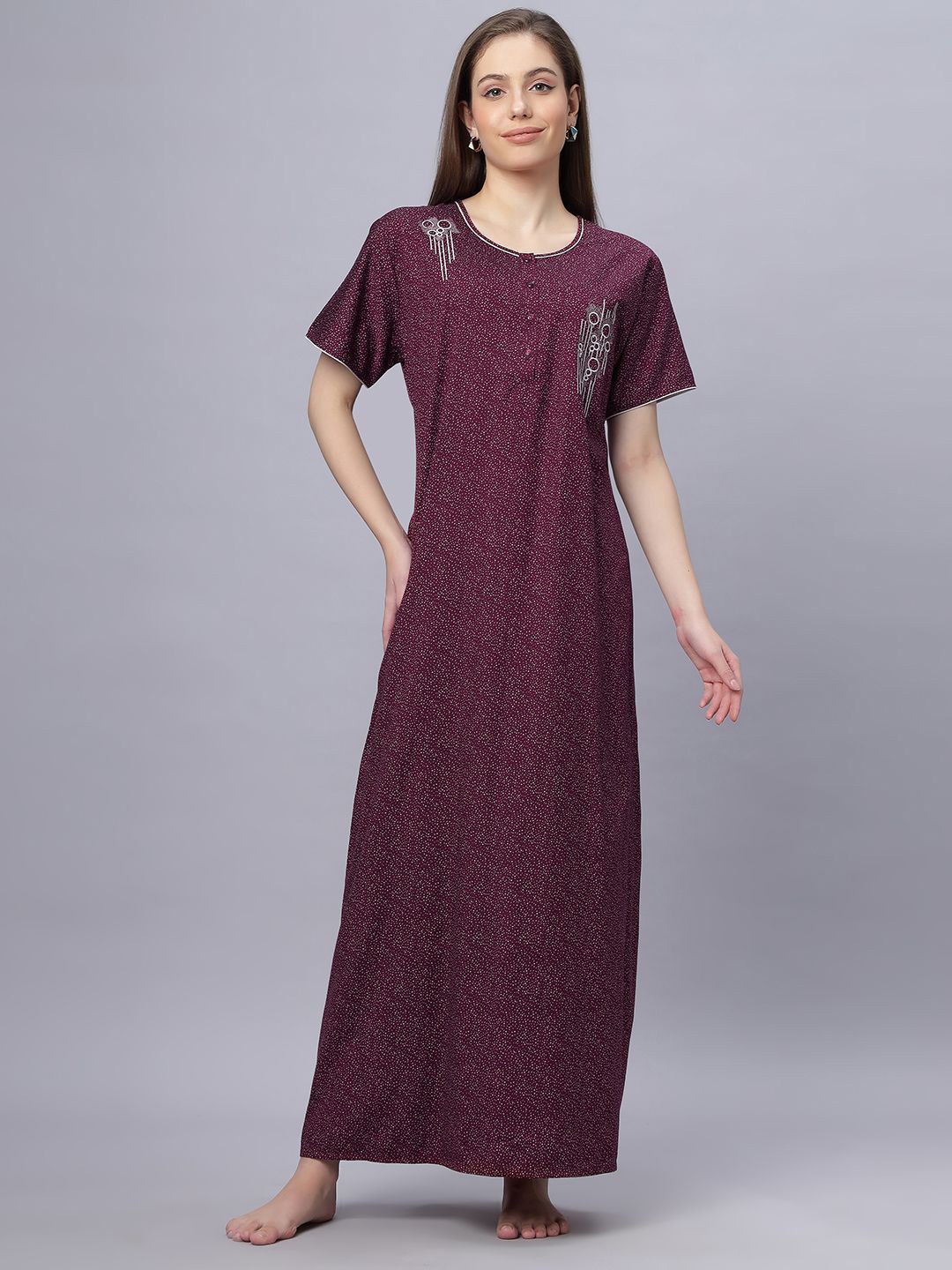 

QUIRA Women Embroidered Round Neck Short Sleeves Everyday Maxi Nightdress, Maroon