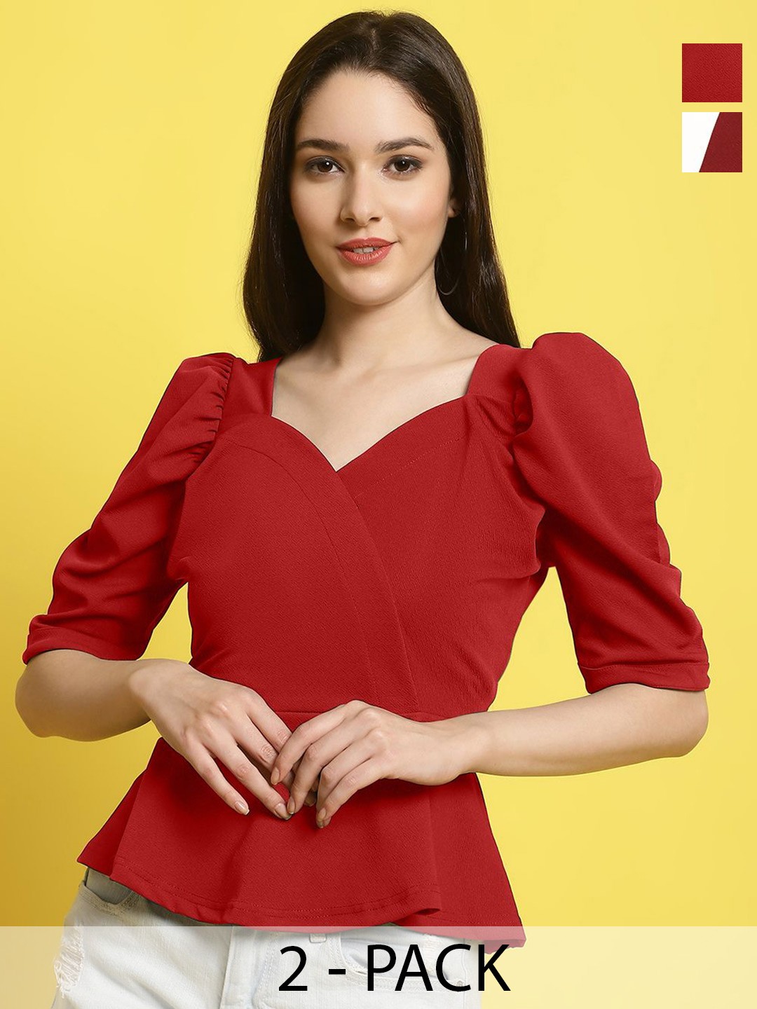 

Metronaut Women Pack Of 2 Sweetheart Neck Puff Sleeves Crop Top, Red