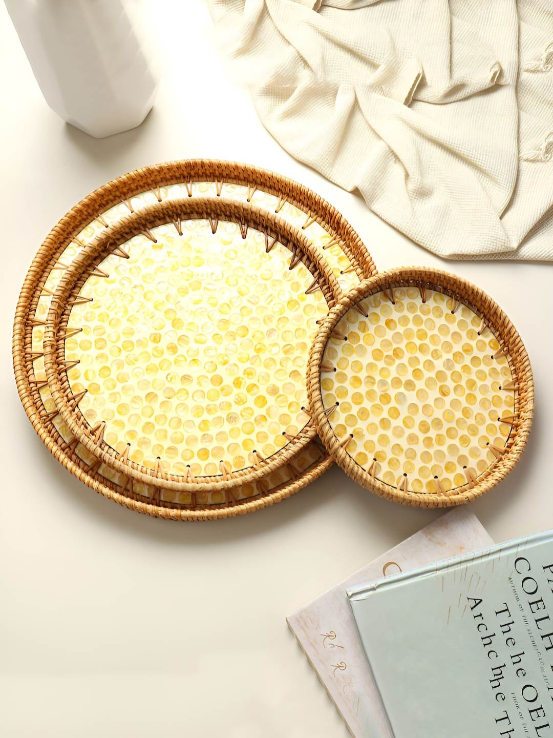 

HABERE INDIA Bohemian Yellow 3 Pieces Bamboo Serving Tray