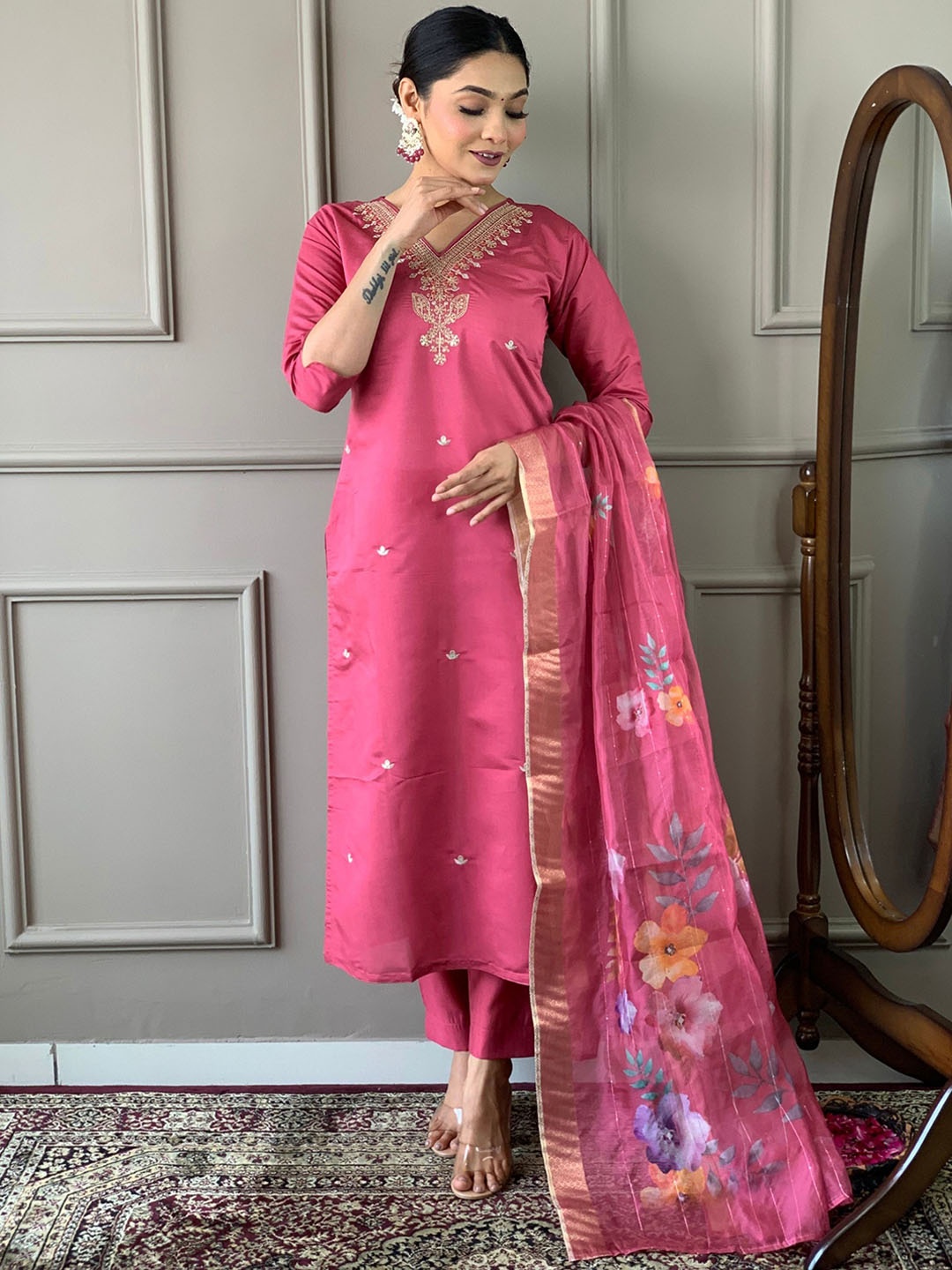 

KALINI Ethnic Motifs Embroidered Kurta With Trousers & Dupatta, Pink
