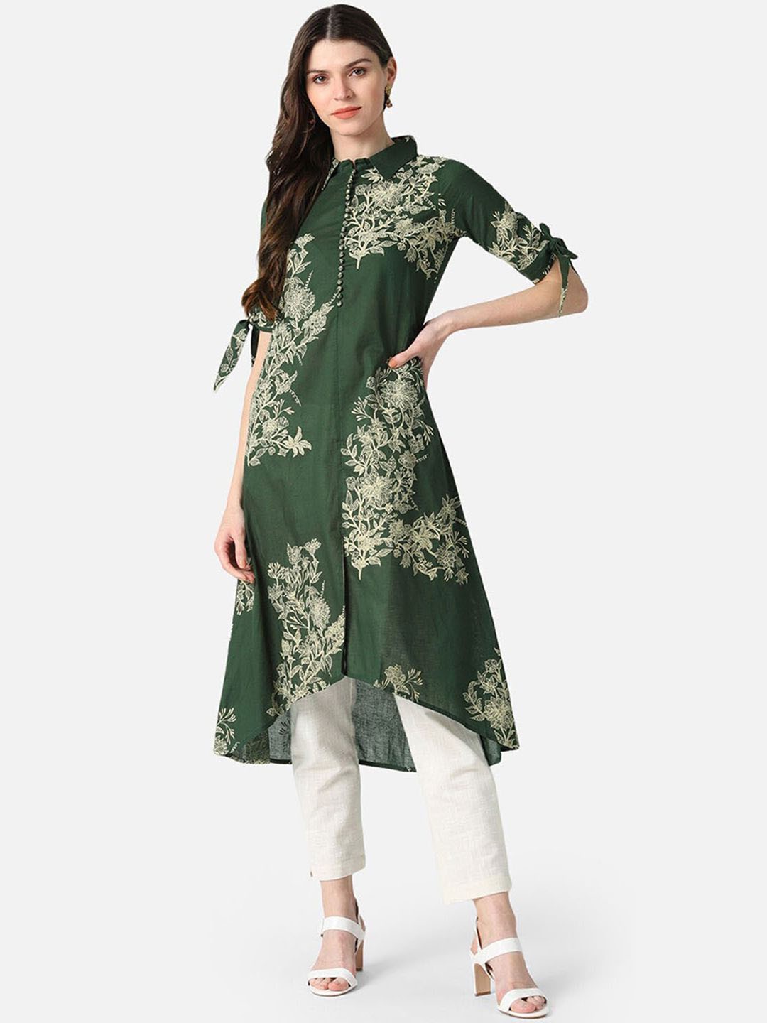 

AHIKA Floral Printed Shirt Collar Cotton A-Line Kurta, Green