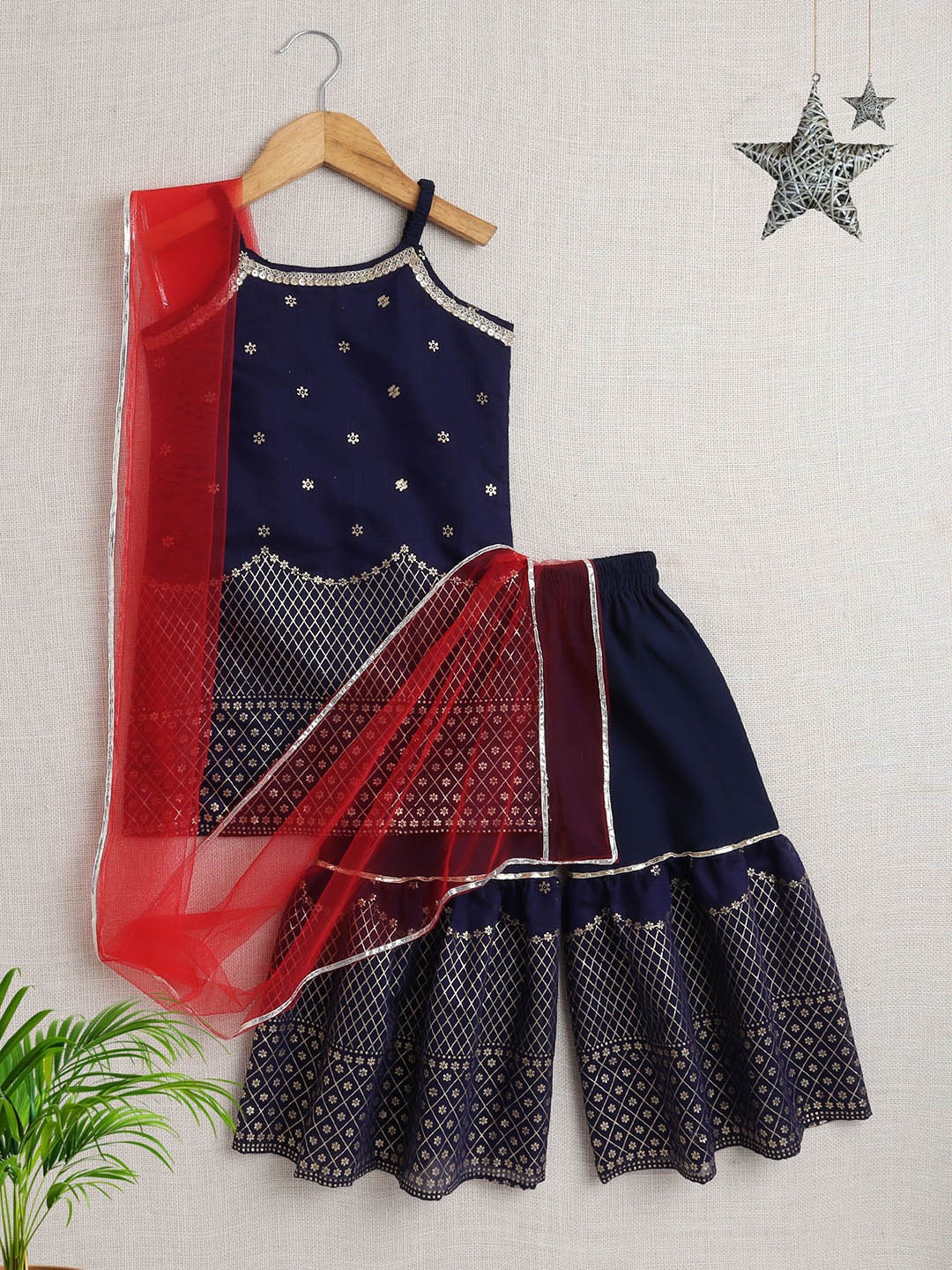 

The Magic Wand Girls Floral Woven Design Zari Kurta With Sharara & Dupatta, Navy blue