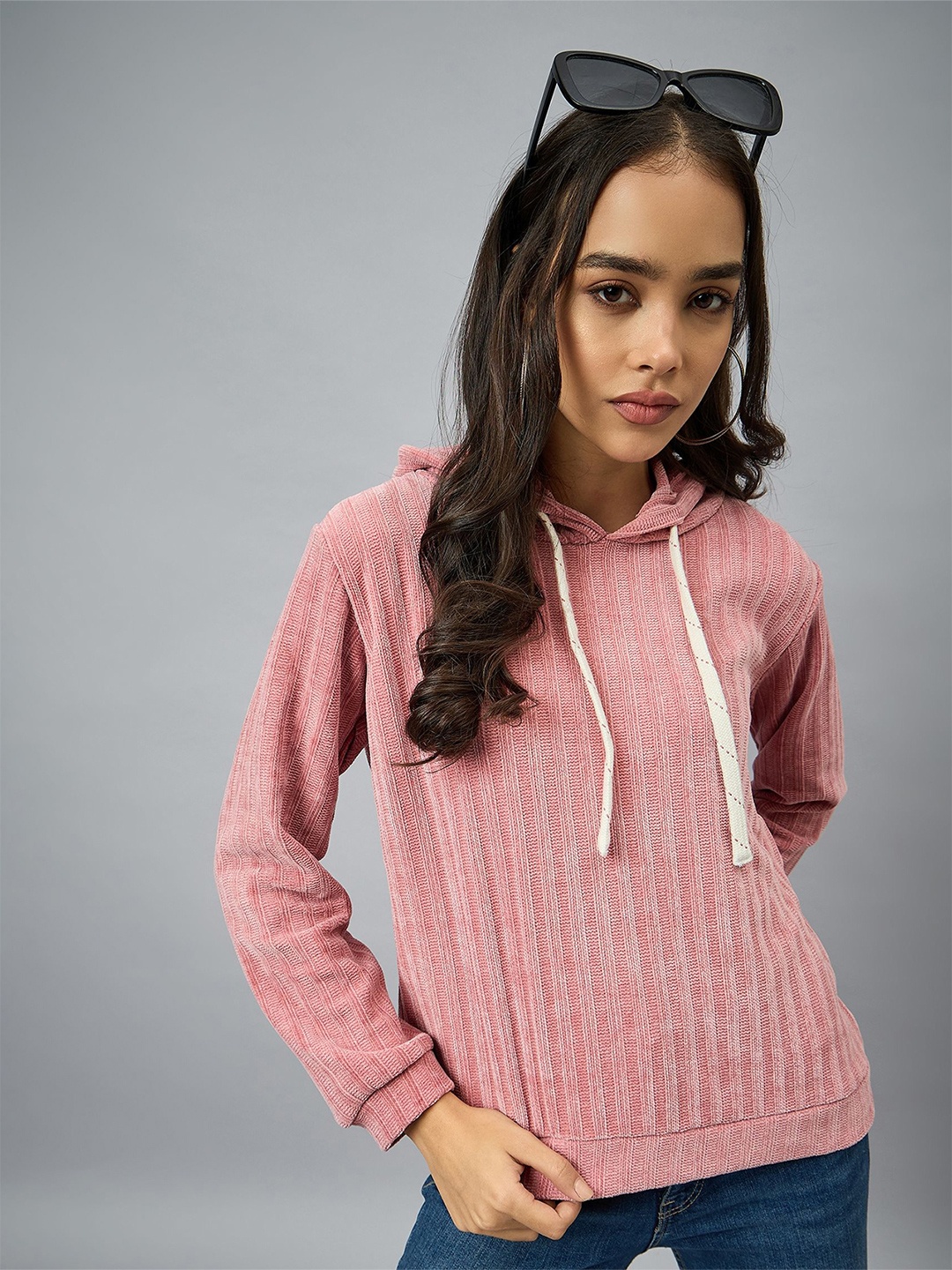 

Club York Women Striped Long Sleeves Hooded Sweatshirt, Pink