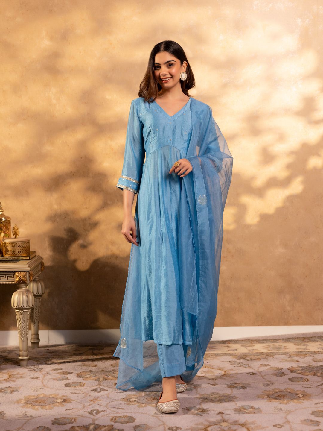 

Ambraee Pleated Beads and Stones Kurta with Trouser & Dupatta, Blue