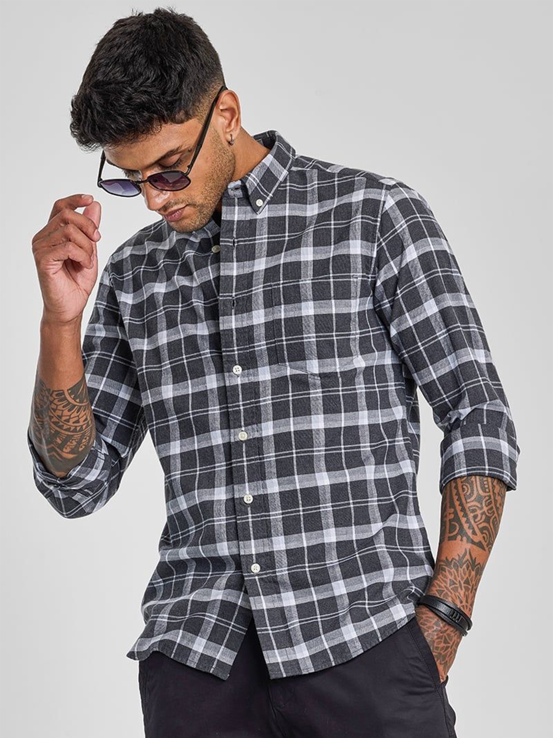 

Snitch Men Smart Button-Down Collar Tartan Checked Cotton Casual Shirt, Charcoal