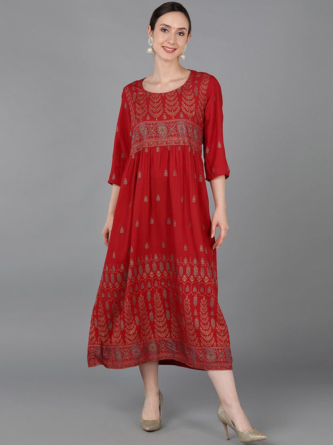 

AHIKA Red Ethnic Motifs Printed Round Neck Printed A-Line Kurta