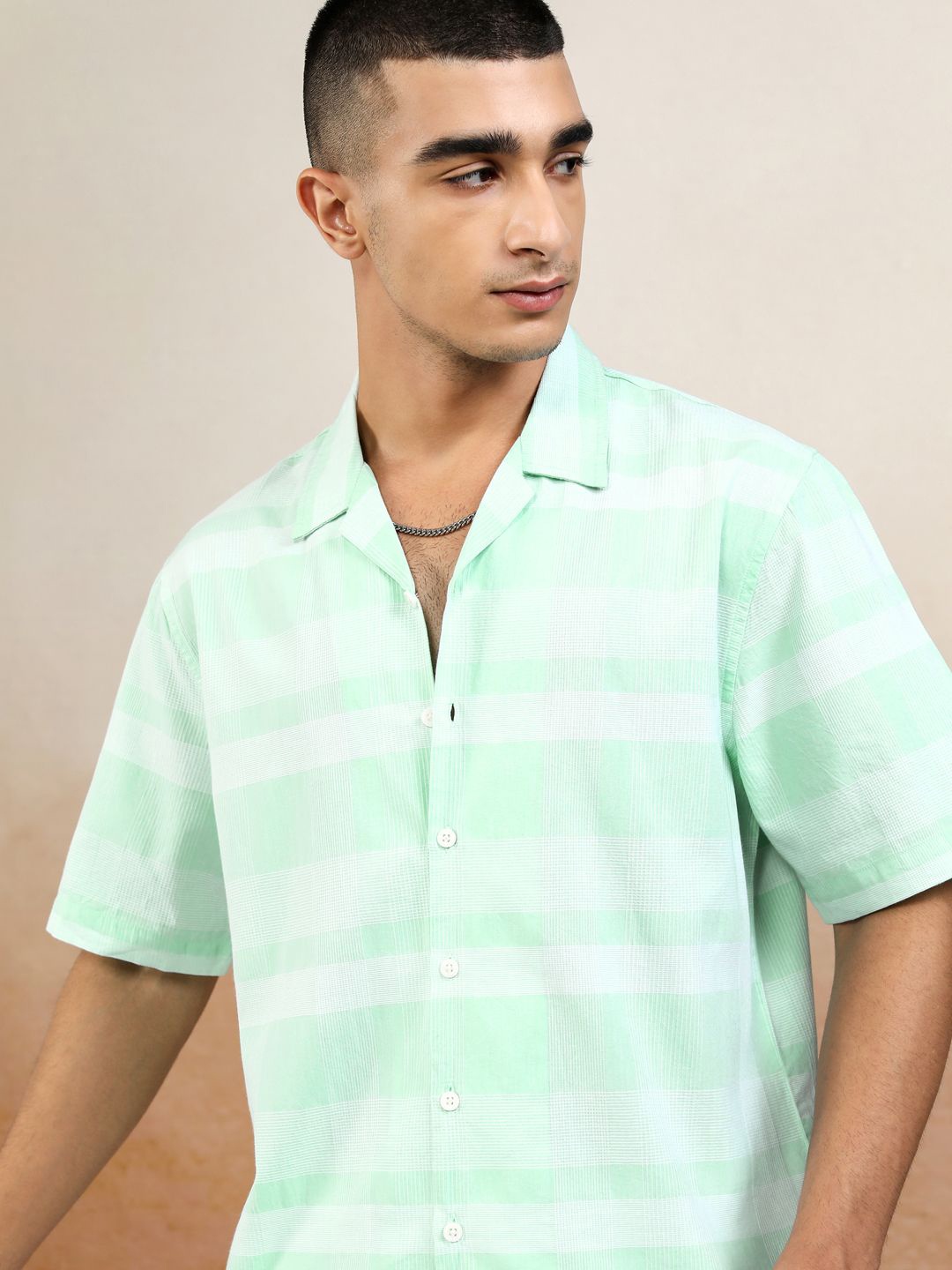 

Highlander Men Dobby Textured Checked Cuban Collar Boxy Shirt, Sea green