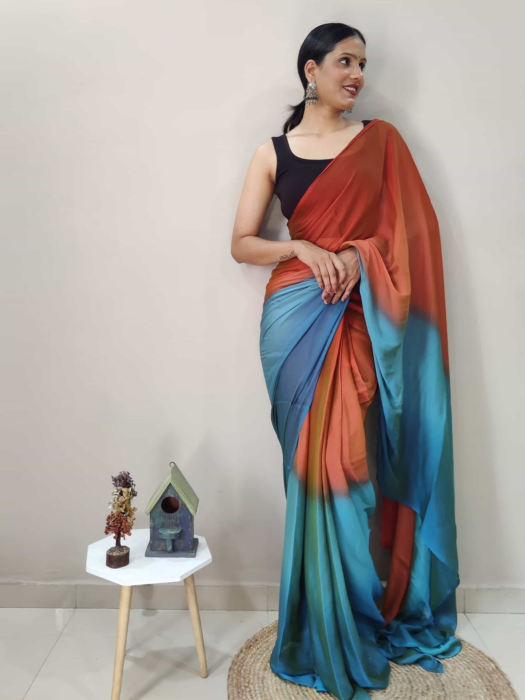 

V3 FASHION STUDIO Leheriya Satin Ready to Wear Jamdani Saree, Red