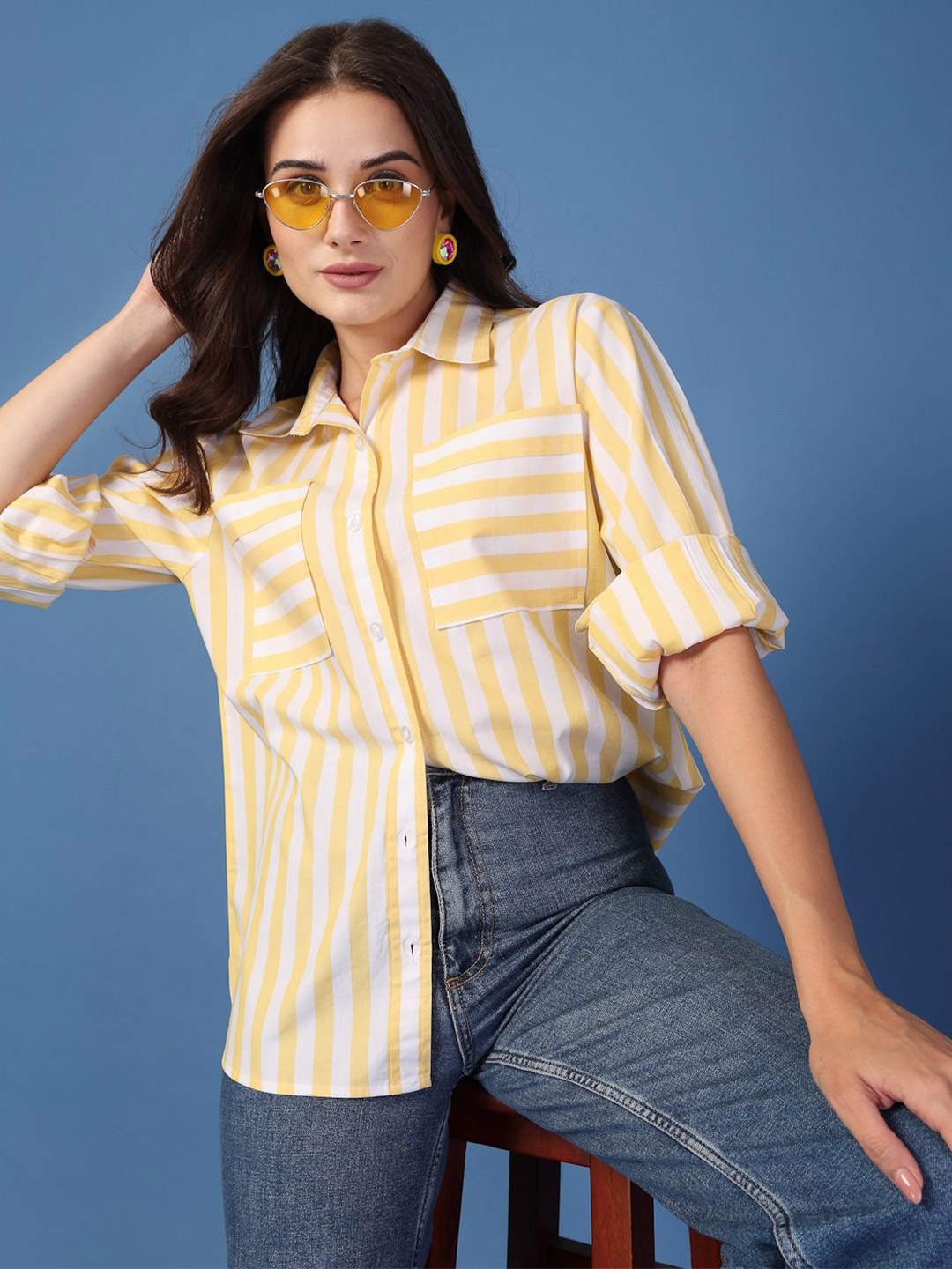 

Style Quotient Women Relaxed Spread Collar Vertical Striped Cotton Oversized Casual Shirt, Yellow