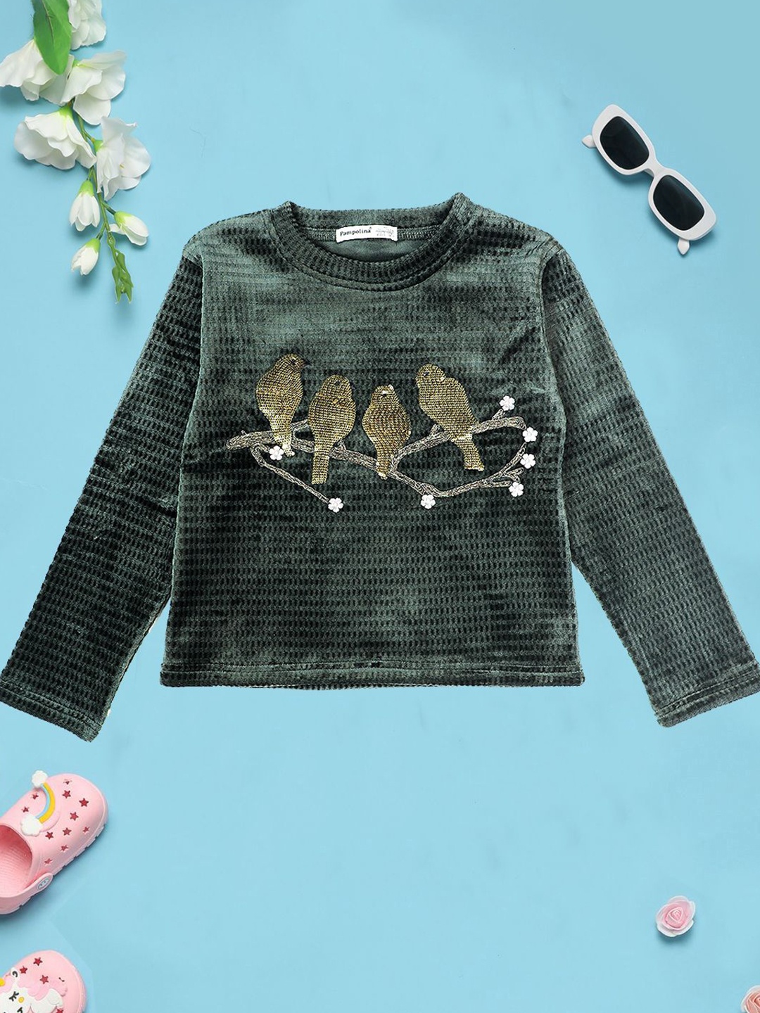 

PAMPOLINA Girls Graphic Embellished Cotton Sweatshirt, Olive