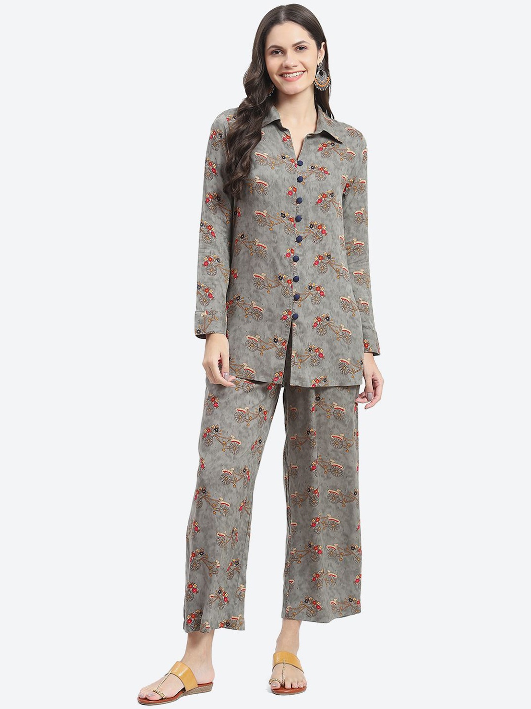 

Kurti's by Menka Quirky Printed Shirt Collar Long Sleeves Shirt & Trouser, Grey