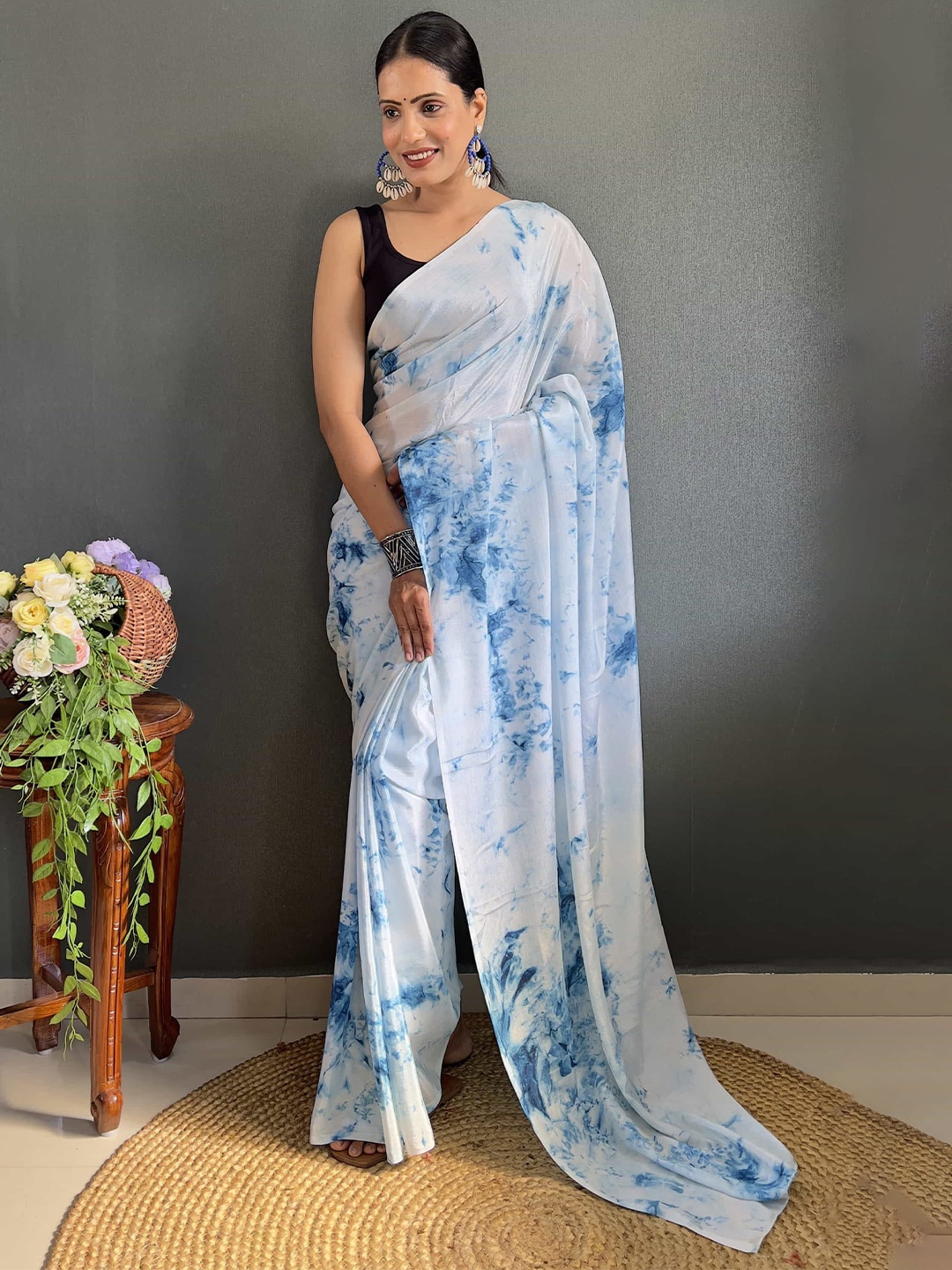 

V3 FASHION STUDIO Tie And Dye Pure Chiffon Ready to Wear Saree, Blue