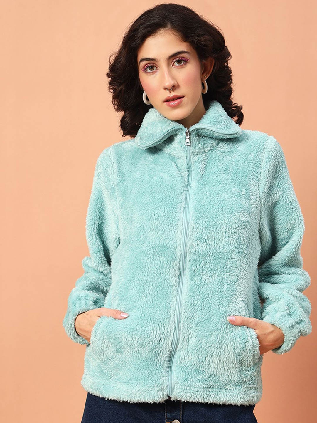 

The Dry State Women Mock Collar Self Design Casual Tailored Jacket, Turquoise blue