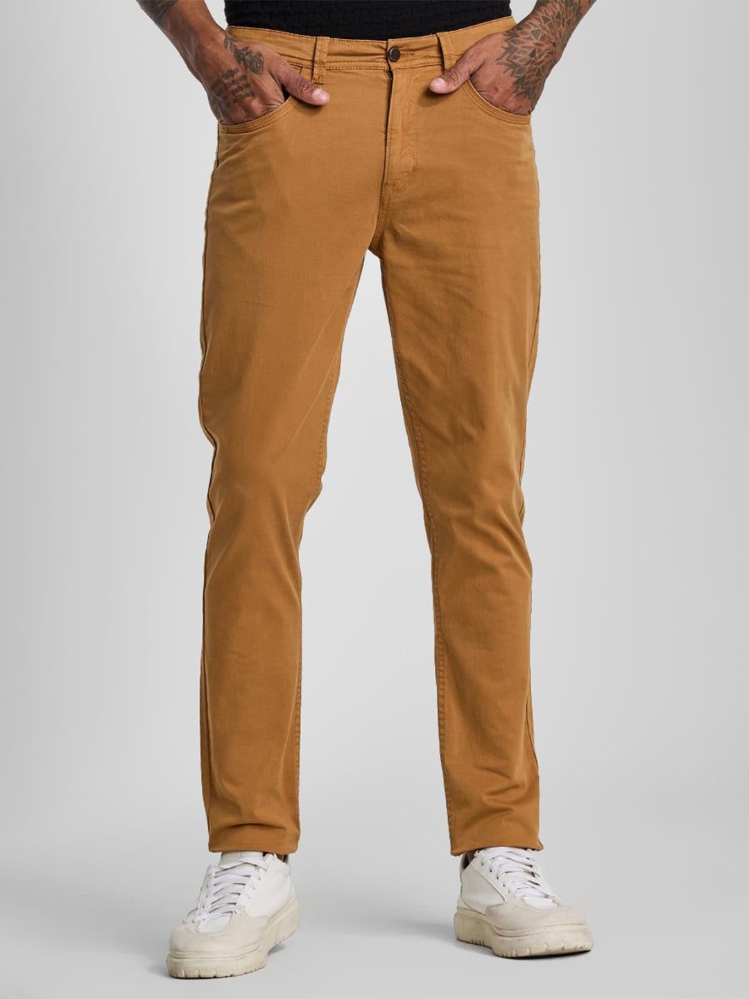 

Snitch Men Smart Slim Fit Chinos Trousers, Brown